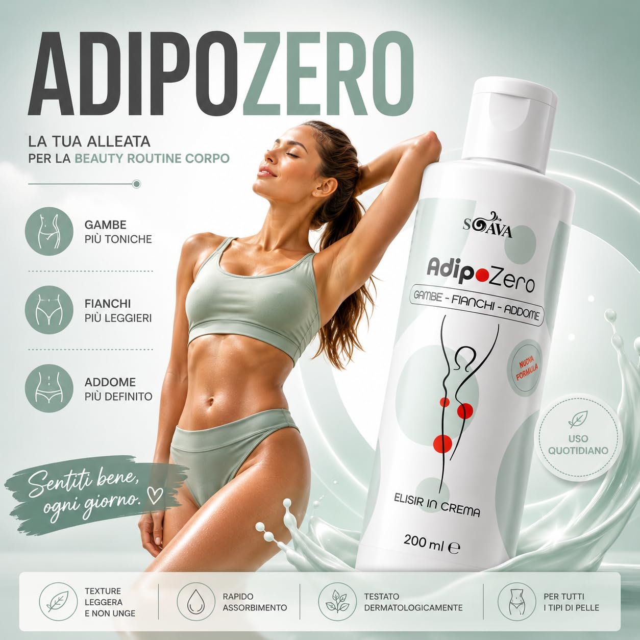 AdipoZero Crema Snellente Anticellulite, 400ml | Effetto Tonificante e Rassodante, Formula Drenante, Per Gambe, Glutei e Addome, Texture Leggera