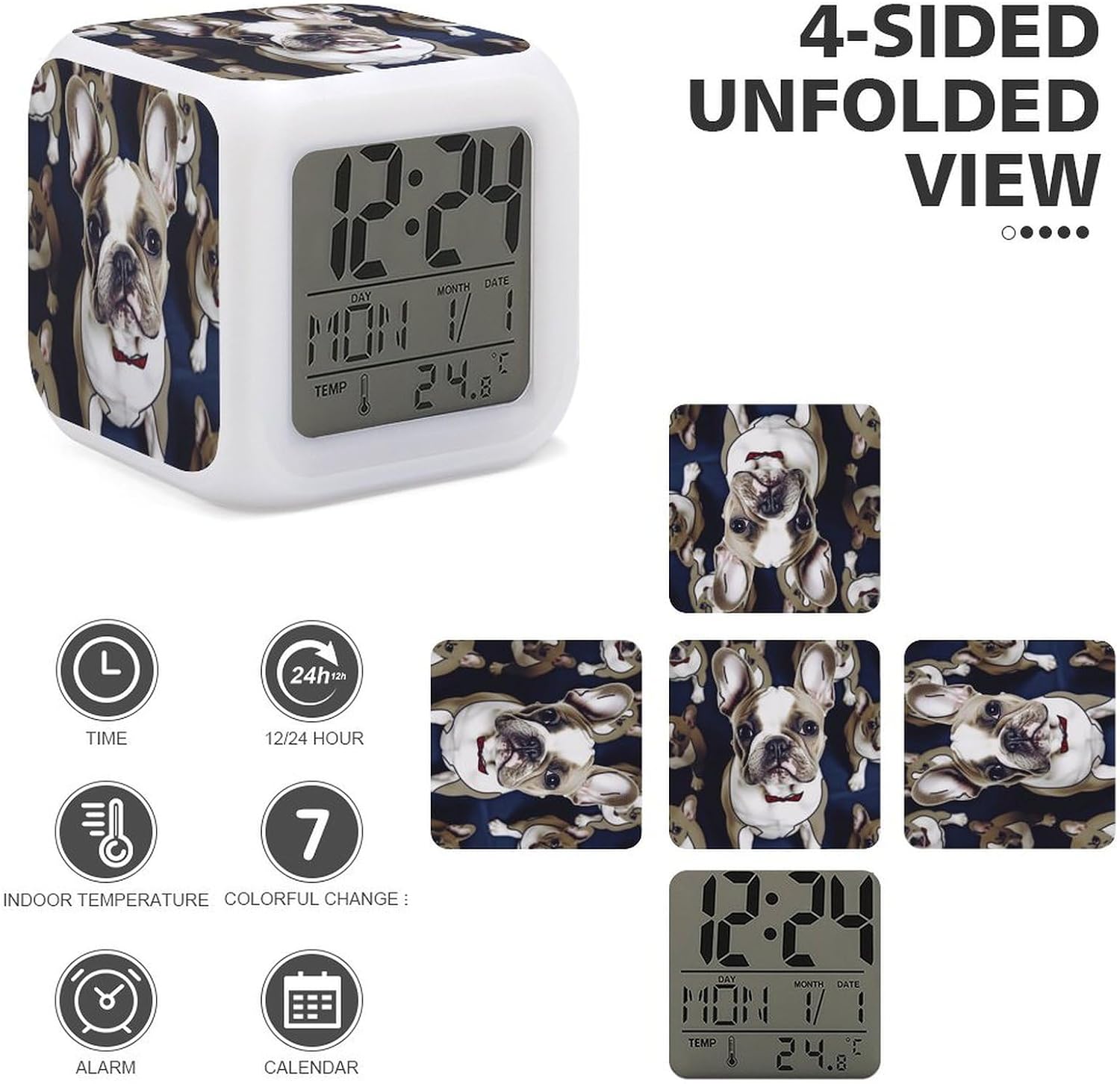 Cute French Bulldog Alarm Clock Led Display Alarm for Bedroom Smart Digital Alarms with 7 Color NightLight Small Night Light Clock for Heavy Sleepers Simple Operation image 4