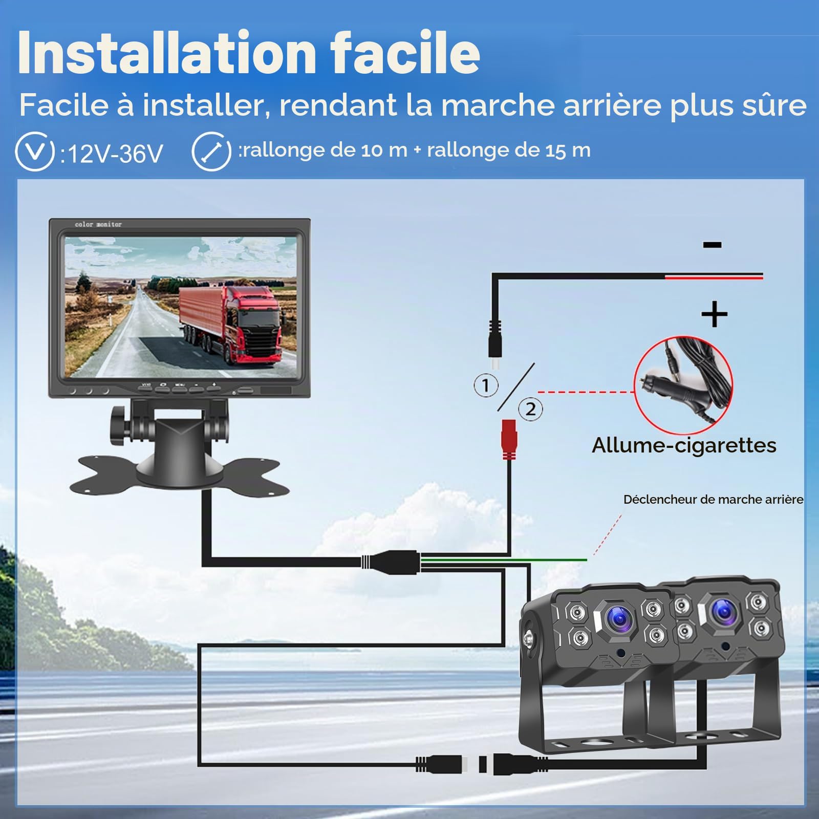 Caméra de Recul 2 Caméras Moniteur IPS 7 Pouces Caméra AHD Étanche, Vision Nocturne Double Caméra Avant Arrière Voiture avec écran, Filaire (9-36 V) Camera de recul pour Camion/Camping Car/Caravane