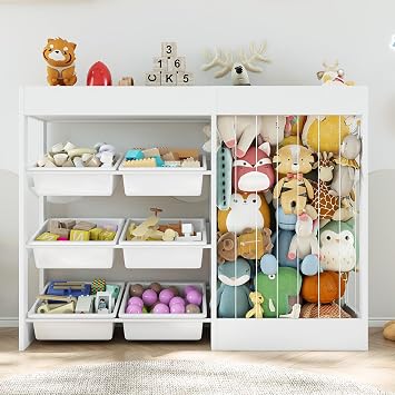 50.6"Wx39.4"H Toy Storage Organizer, Toy Shelf with Stuffed Animal Storage Zoo for 80+ Plushies, 6 Removable Plastic Bins, Wooden Organization for Playroom, NurseryWhite