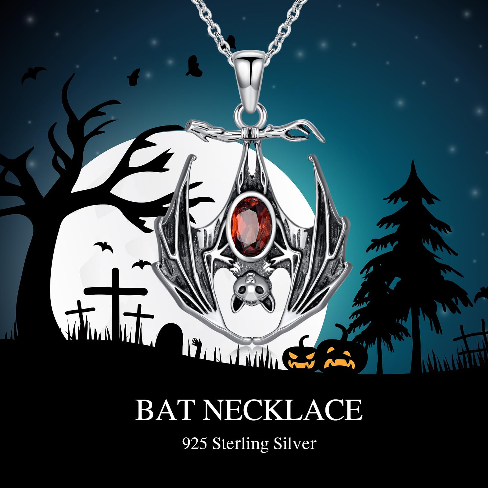 BETHZA Bat Necklace 925 Sterling Silver Natural Red Garnet Halloween Gothic Bat Pendant Animal Jewelry for Women