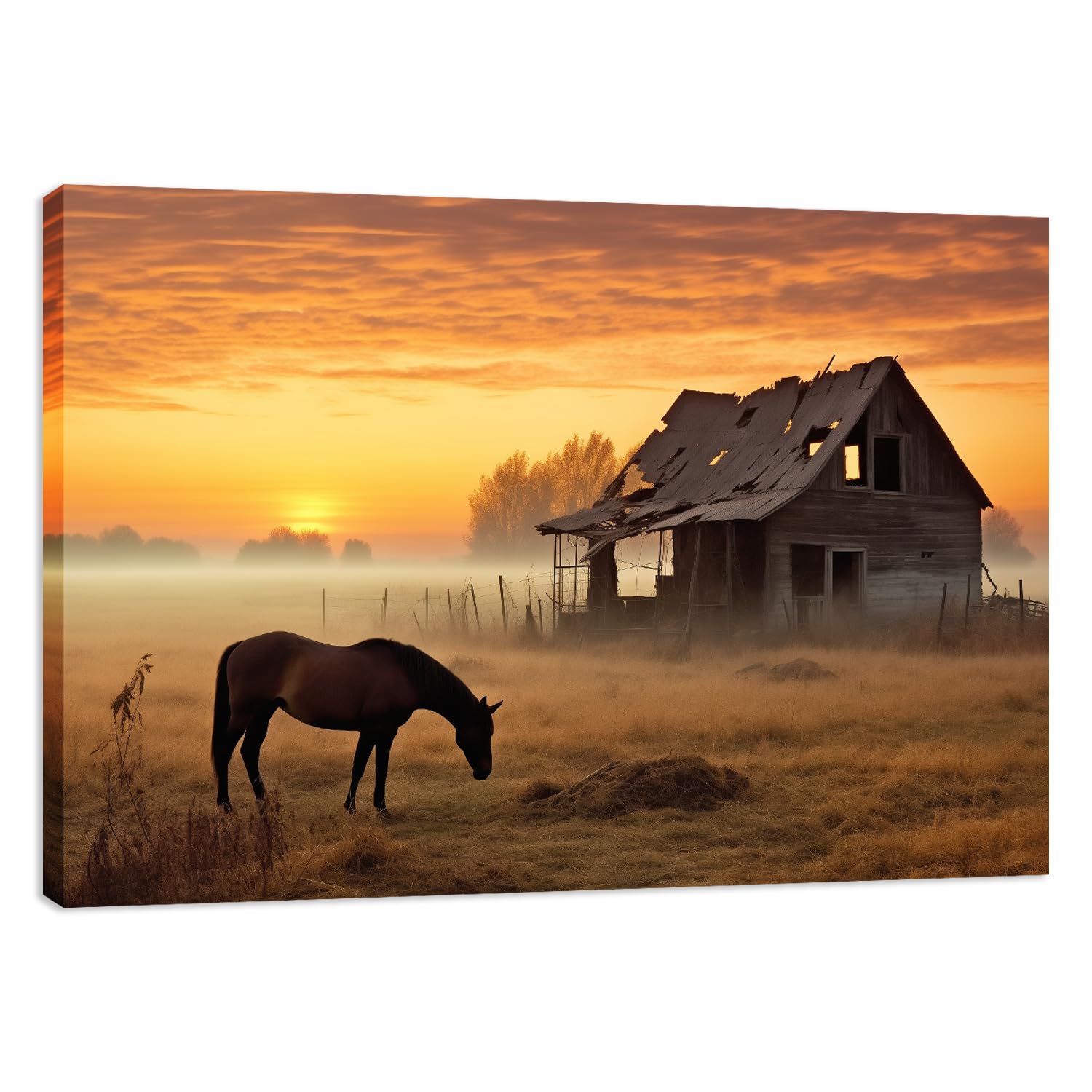 MODOJOART Farmhouse Canvas Wall Art, Horse and Old House with the Sun Rising Painting Picture Vintage Rustic Farmhouse Barn Photo Print for Dining