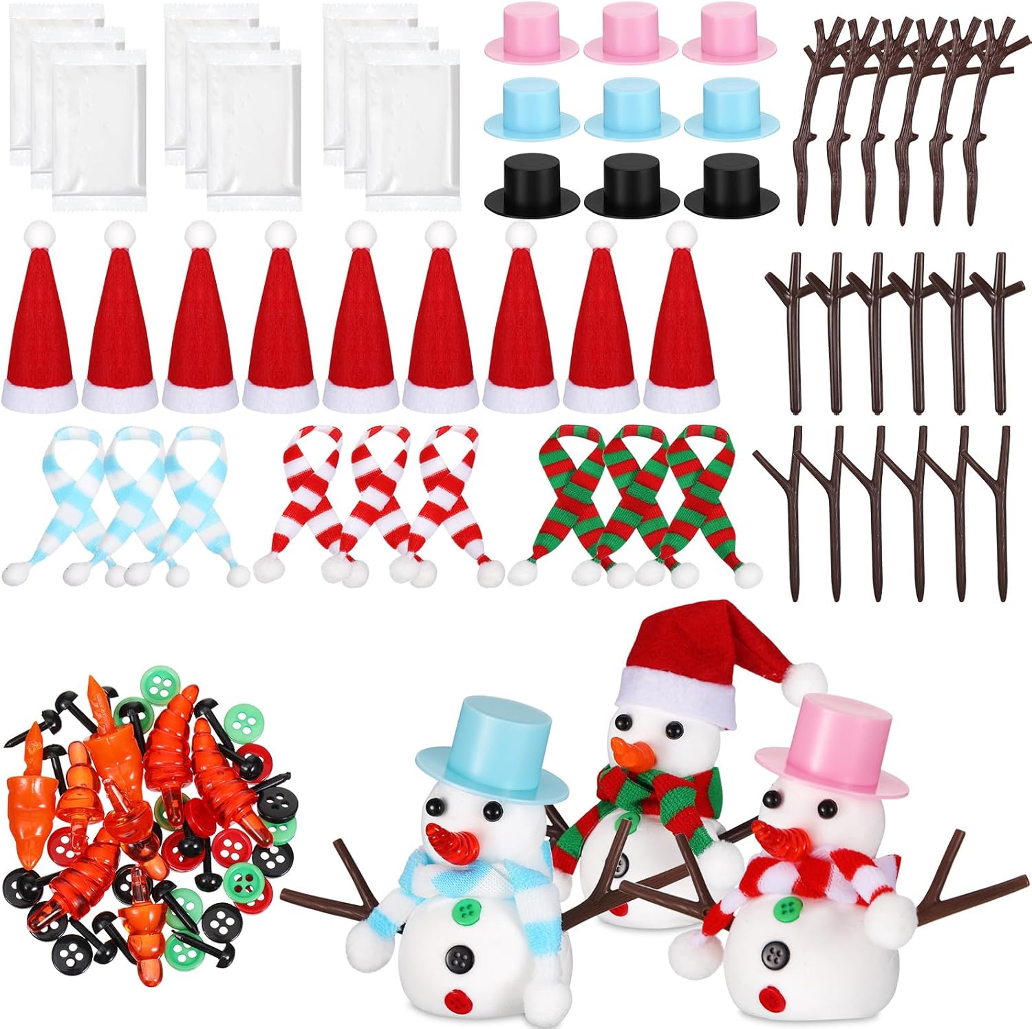 Jiuguva 9pack/90pcs Christmas Snowman DIY Craft for Kids, Build a Snowman Kit, Modeling Clay DIY, Xmas Winter Party Gift & Decor, Modeling Clay Hats Buttons Scarfs Foam Balls Craft Stocking