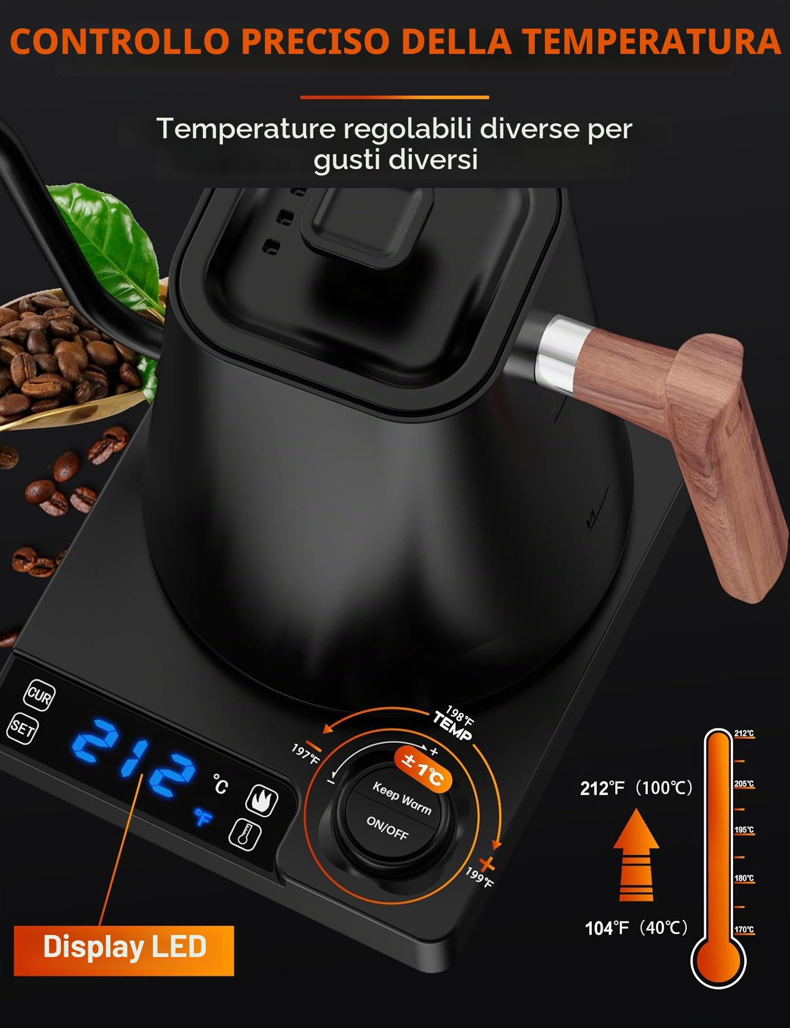 Bollitore elettrico in acciaio inox con regolazione della temperatura, bollitore a collo di cigno con funzione di calore 24 ore, 1L bollitore elettrico con indicatore di temperatura, 1200W