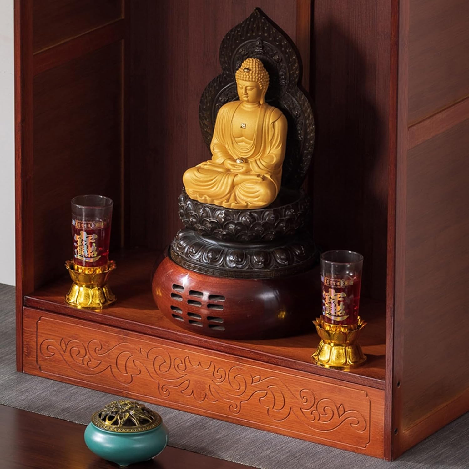 Wooden Meditation Altar Table, Traditional Chinese Style Worship Shrine for Buddha and Cai Shen Statues, Decorative Meditation Table for Home and Office, Only Butsudan Altar(Brown,53cm/21in)