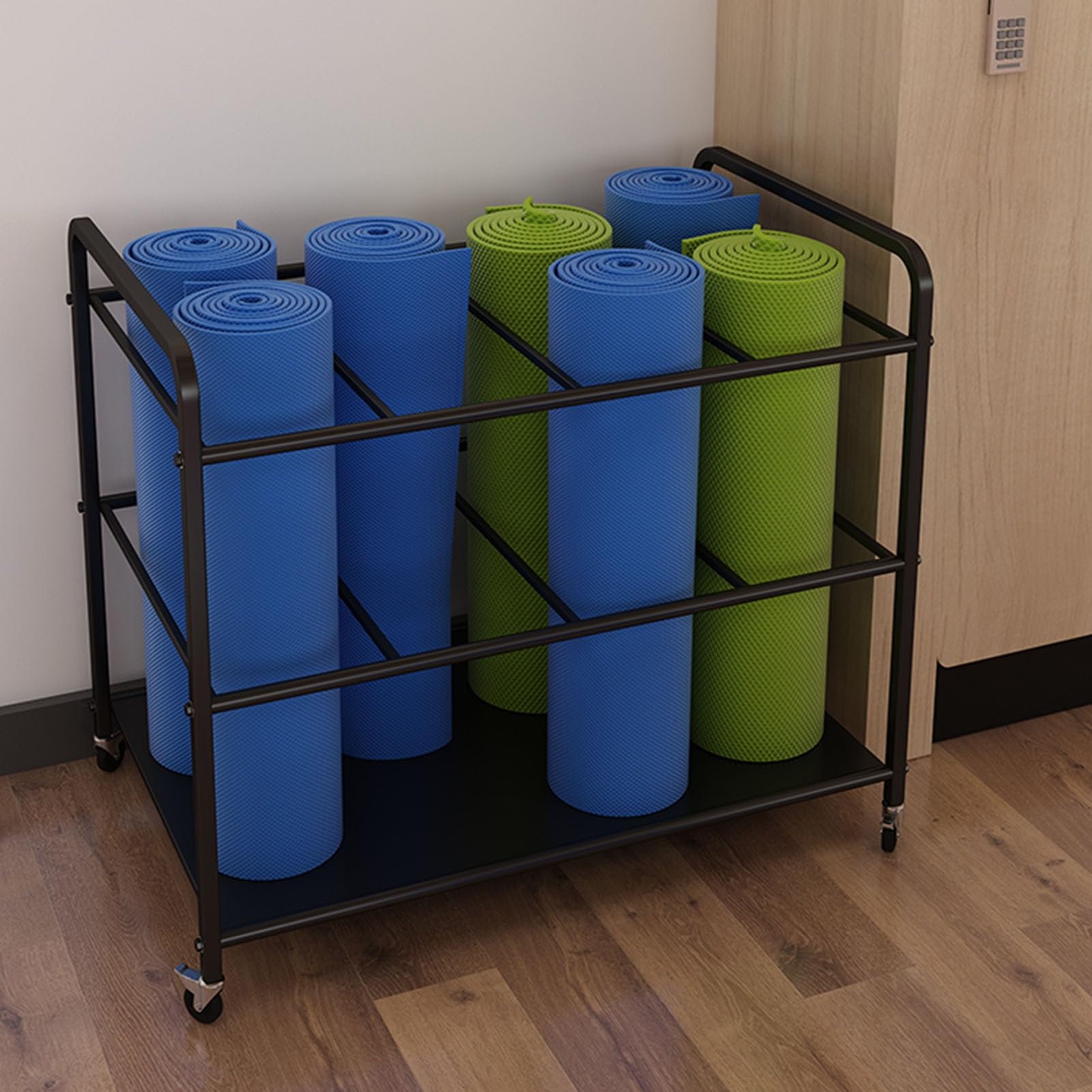 Cesta de almacenamiento para esterilla de yoga con ruedas para gimnasio en casa, perfecta para bloques de yoga, rodillos de espuma, bandas de resistencia, accesorios de ejercicio, solución de ahorro