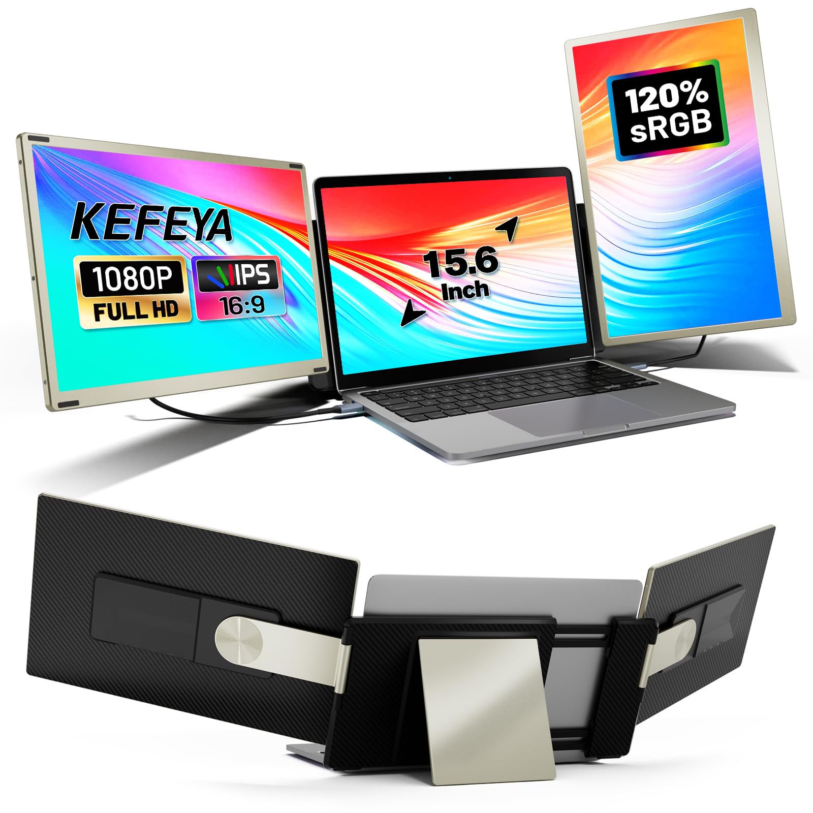 KEFEYA Monitor Portatile 15.6" per di Tutte Dimensioni Laptops venire con HUB H5-T, Schermo Portatile con 80 NTSC FHD 1080P Portable Monitor Schermo HDMI/USB-C Plug and Play (Mac Windows Chrome)