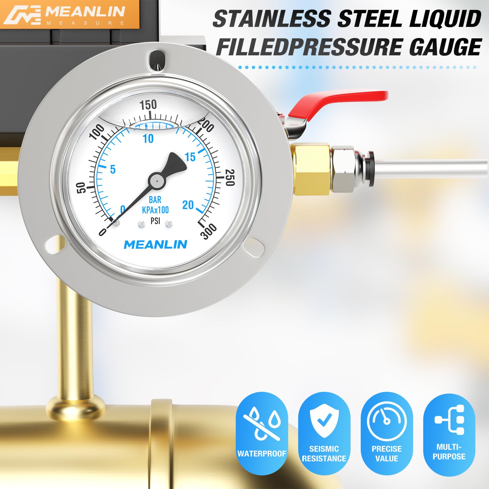 MEANLIN MEASURE 0~20BAR/300PSI Manomètre à liquide, montage sur panneau à bride avant, boîtier en acier inoxydable 1/4"BSP 2.5" FACE DIAL avec vis et écrou Phillips, +/-3-2-3%.