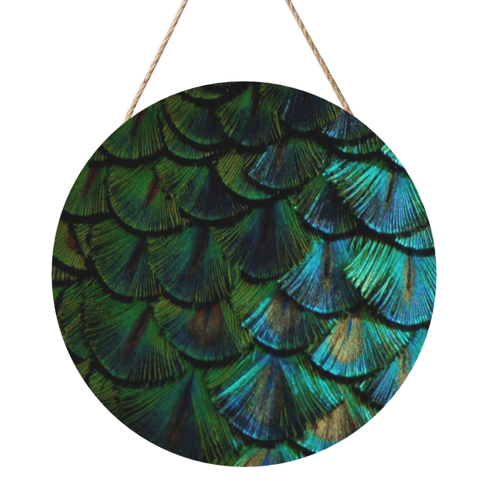 InOmak Beautiful Peacock Feather, Round Wood Panel Painting 12 in, Wall Hanging Painting For Home