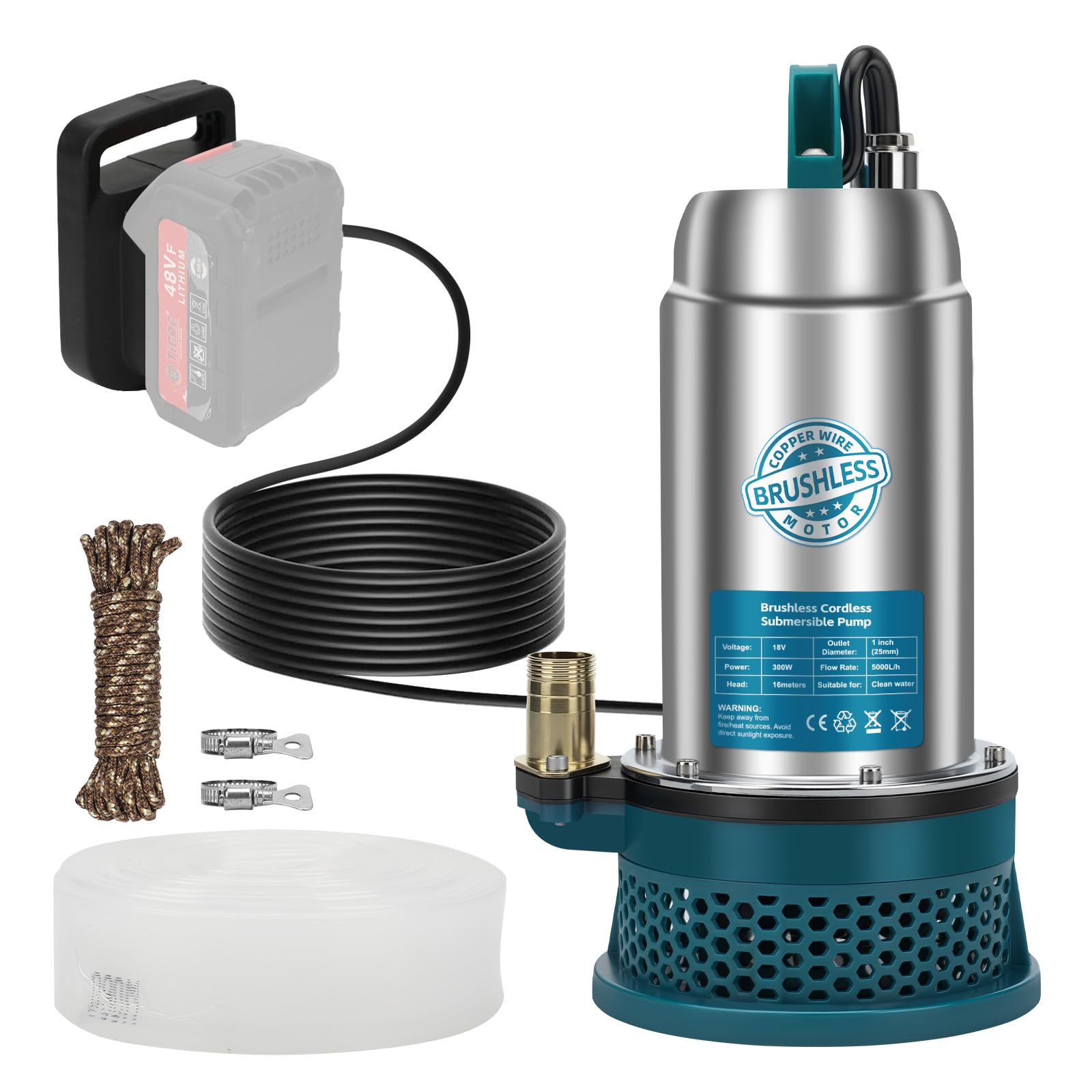 Bomba sumergible compatible con batería Makita de 18 V (sin batería) – 5000L/H Bomba de agua inalámbrica con manguera de 10 m, cable de conexión de 5 m, ideal para piscina, cama de agua, riego de