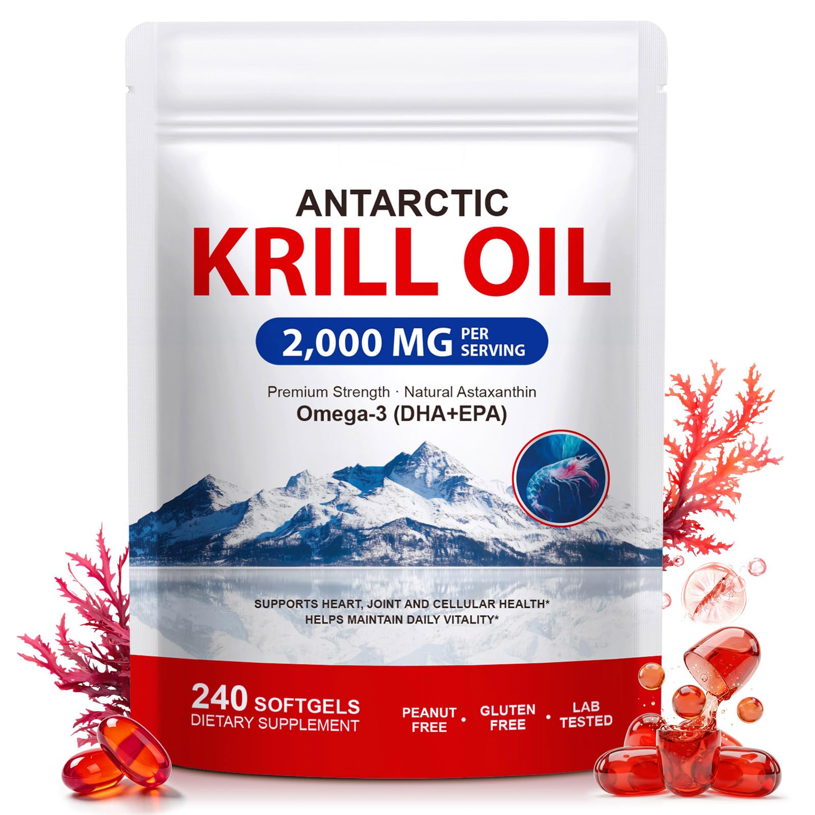 Antarctic Krill Oil 240 Softgels - 2000mg Per Serving - Omega-3 Supplement with EPA & DHA, Phospholipids & Astaxanthin - Supports Heart, Brain & Joint Health - High Absorption, No Fishy Burps