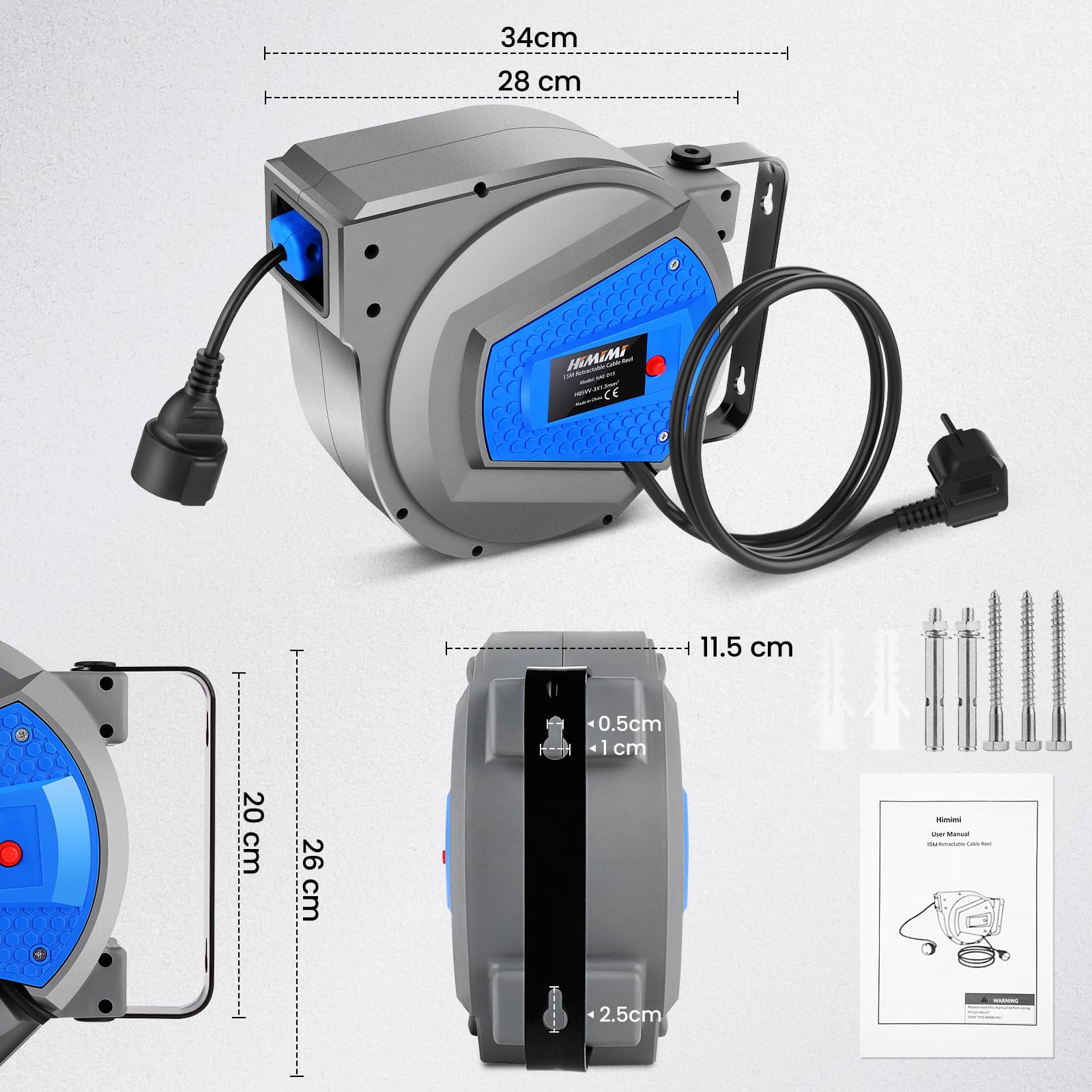 Himimi Carrete de cable retráctil automático de 15 m + 1 m, resistente, de 1500 W a 3000 W, resistente al agua, para uso en interiores y exteriores, con montaje en pared o techo (Blue)
