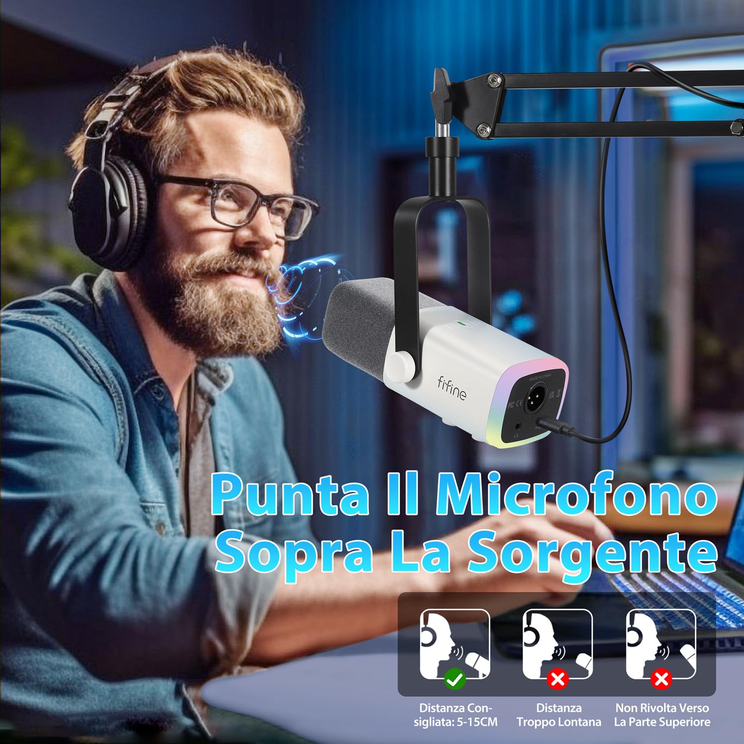 FIFINE XLR Streaming Microfono Kit Dinamico per Podcasting, Gaming USB per PC Mac PS4/5, Cardioide per registrazione vocale, giochi – Bianco