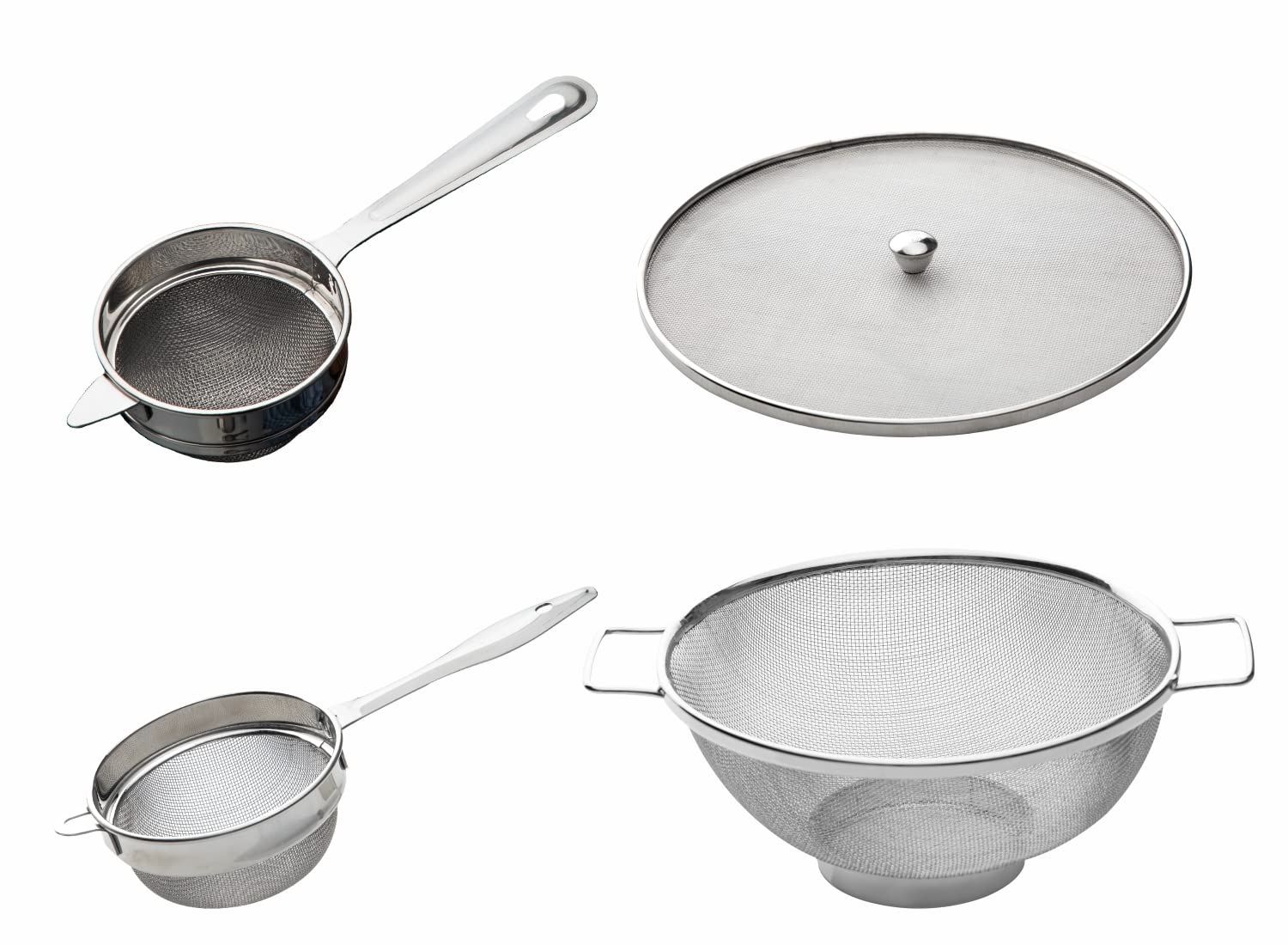 Signora Ware Stainless Steel Kitchen Strainers Combo with Tea&Coffee Strainer/Chalni,Soup/Oil/Ghee Strainer/Chalni,Food/Milk Cover Jali,Colander/Fruit/Vegetable Basket (Ideal for 1-2 Persons) Set/4