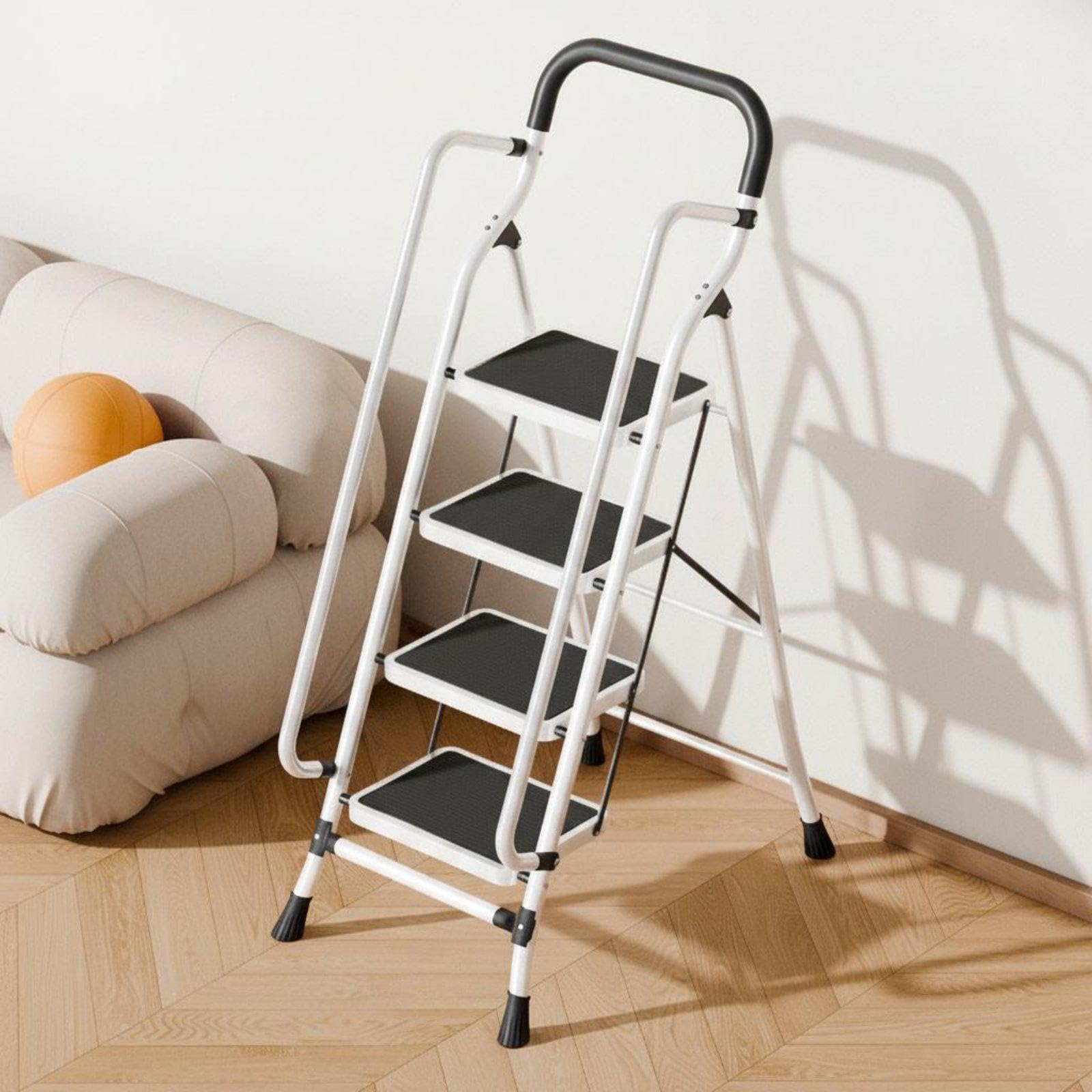 Folding Step Ladder Foldable Design Angled-Leg Design Ladder with Handrail Wide Anti-Slip Steps Portable Steel Step Stool for Adults, Kitchen, Garage 4-Step with Handrail White-image-8