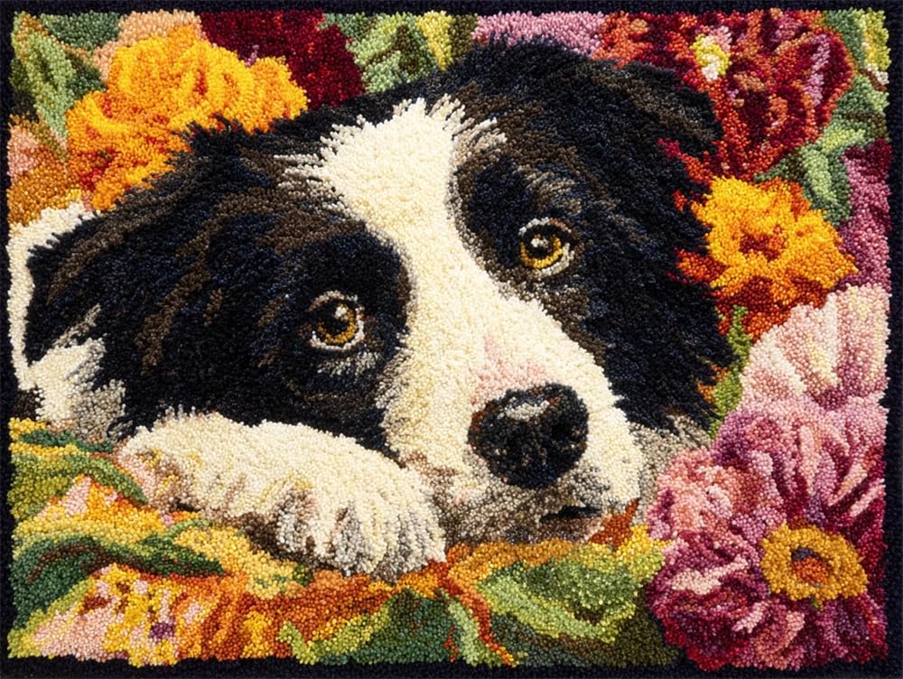FWRTYCB Latch Hook Rug Kits, Flowers and A Border Collie Pattern 20X15Inch