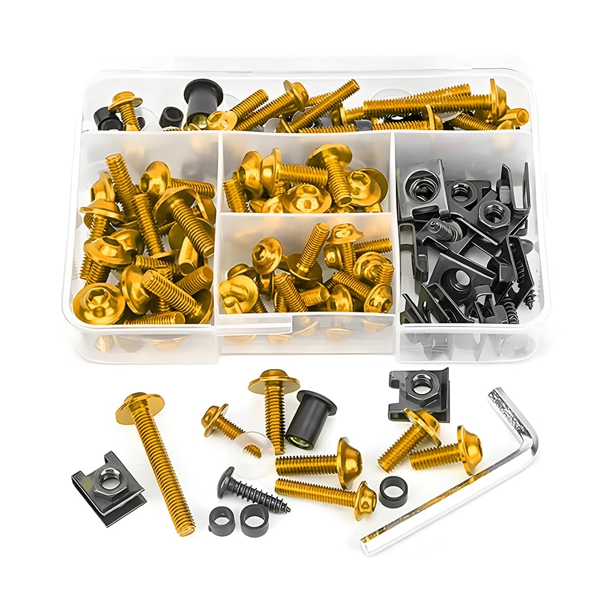 195PCS Motorcycle Fairing Bolt Kit, M5 M6 Aluminum Motor Windscreen Screws Fasteners Fairing Bolts Nut Clips Mounting Washers Nuts Screws Assortment, Universal for Motor, Sport Bike（Golden）