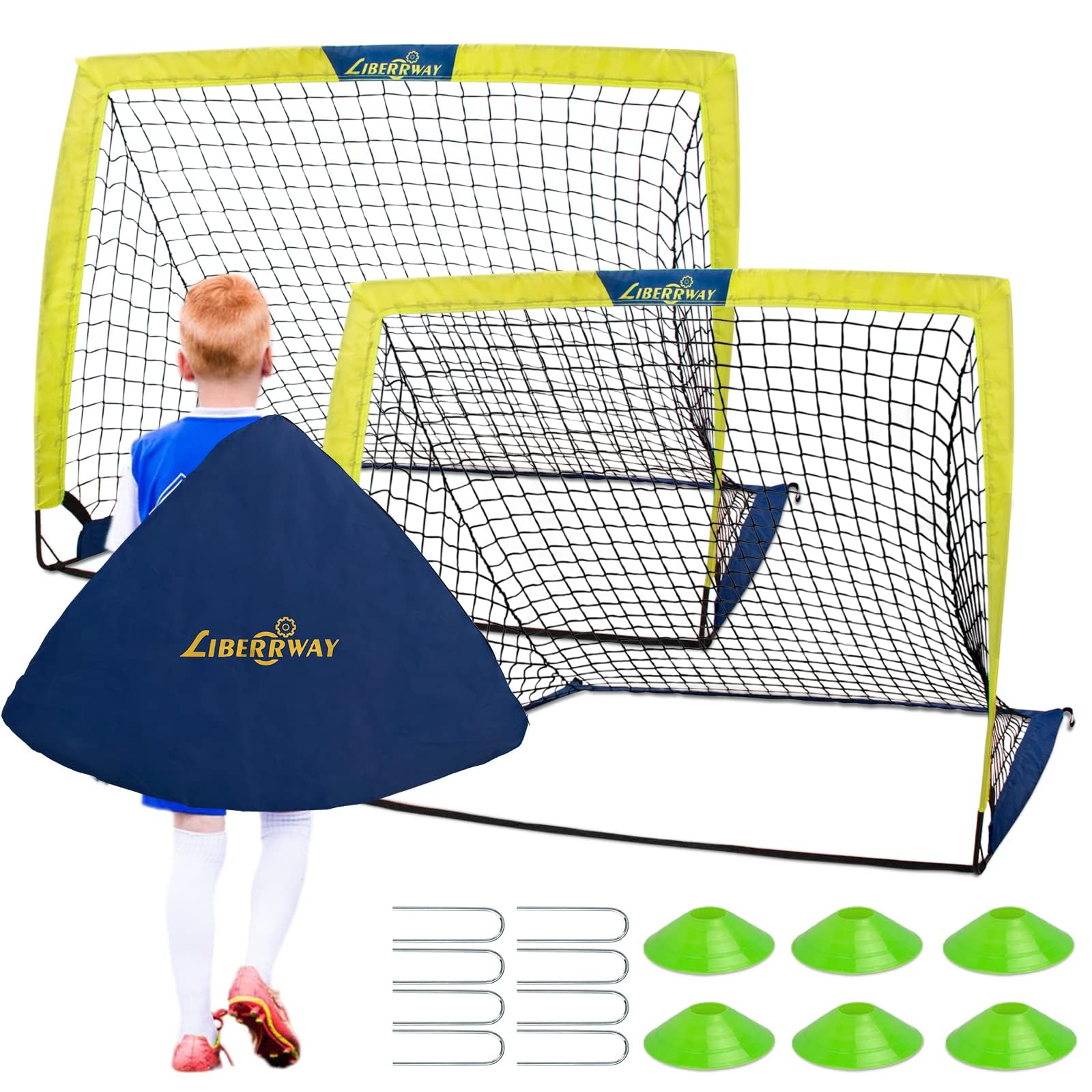 Football Goals for Kids, 4'x 3' Foldable Football Net Set of 2 Post with 6 Football Cones, 8 U-shaped Steel Nails and Carry Bag, Football Training Equipment for Garden