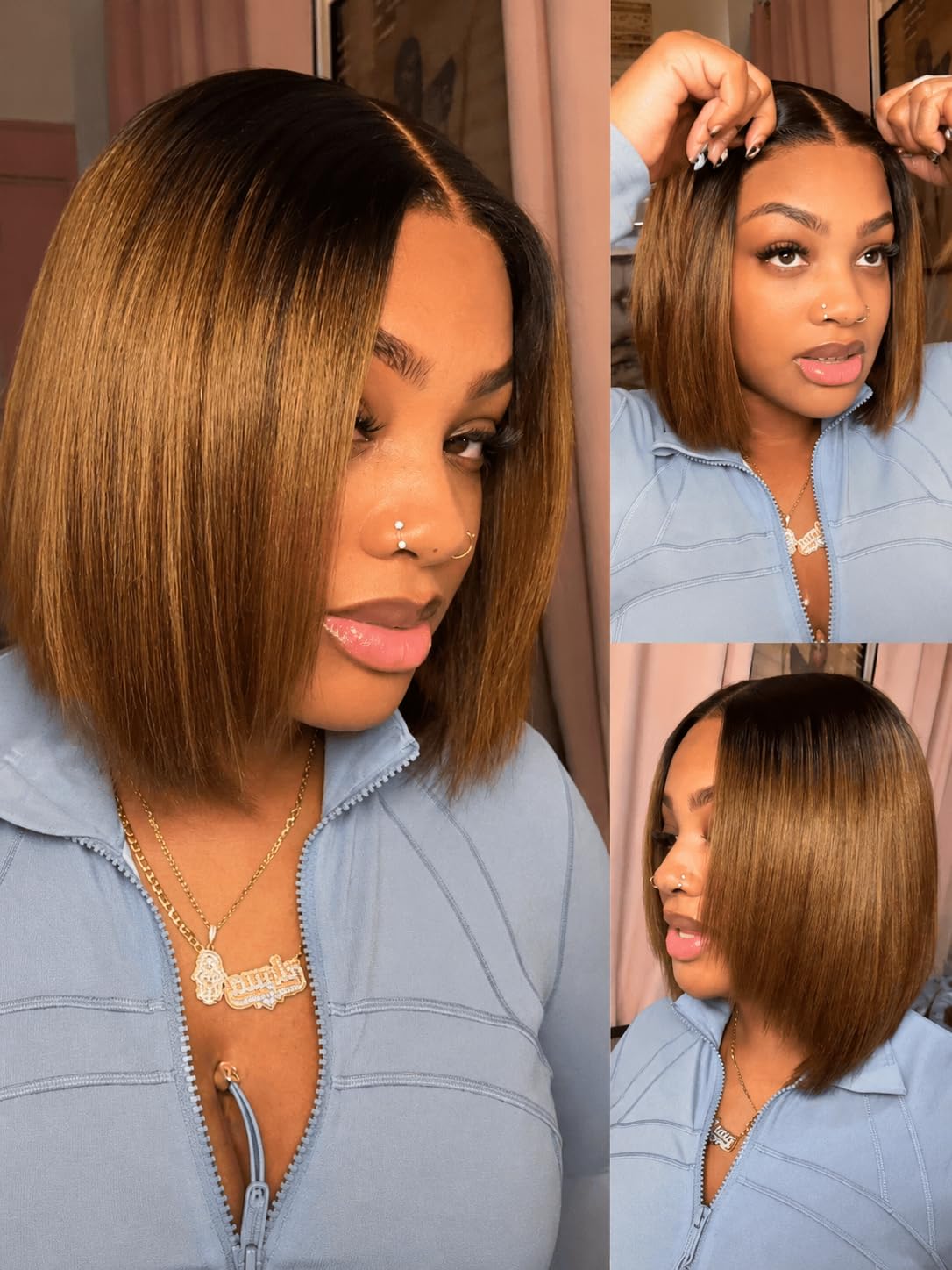 Nadula Chestnut Brown Ombre Yaki Straight Bob Drawstring Wig Human Hair No Slip Pre Cut Glueless 7x5 Bye Bye Knots Lace Front Wig Pre Plucked Bleached Knots Rea