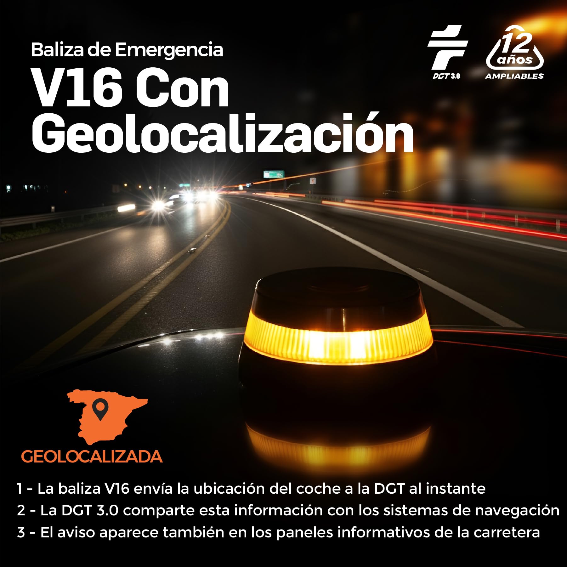 Baliza V16 Homologada DGT con Geolocalizador 3.0 | Luz Emergencia Coche Homologado DGT | V16 Conectada y Geolocalizada con SIM Incluida sin Costes hasta 2038 | Obligatoria desde 2026 Normativa DGT