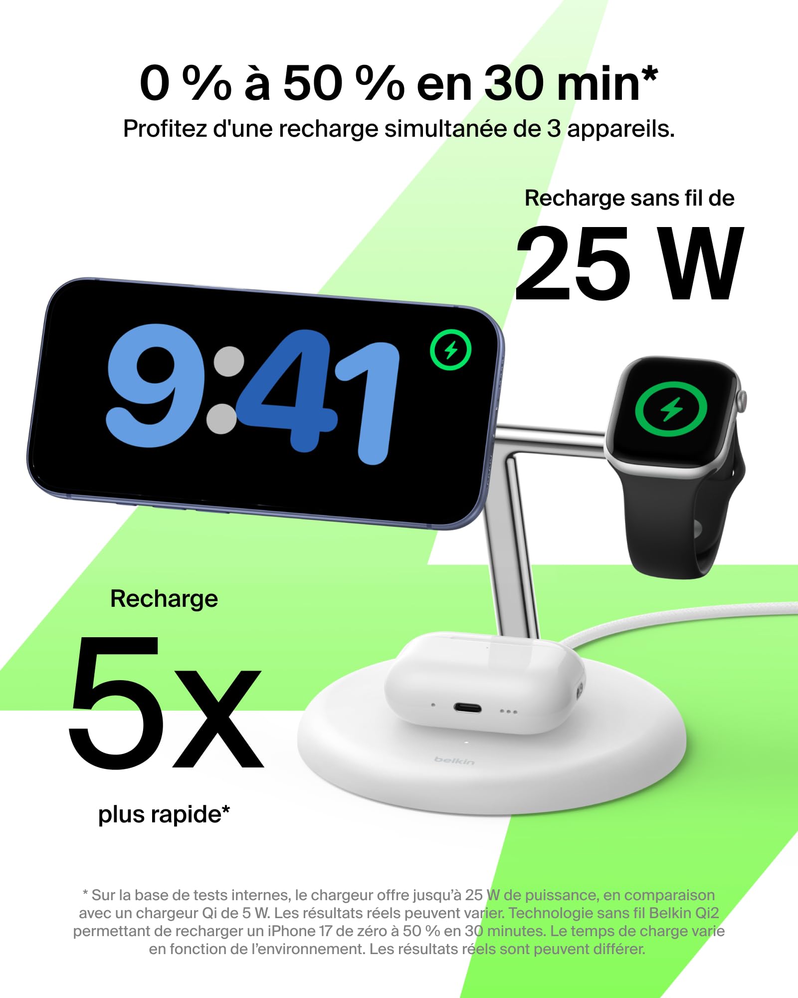 Belkin UltraCharge Station 3-en-1 avec Qi2, 25 W - Blanc | Qi2.2, Chargeur Magnétique Sans Fil MagSafe Pour iPhone, Apple Watch, Écouteurs, Câble USB-C, Adaptateur Secteur 45 W