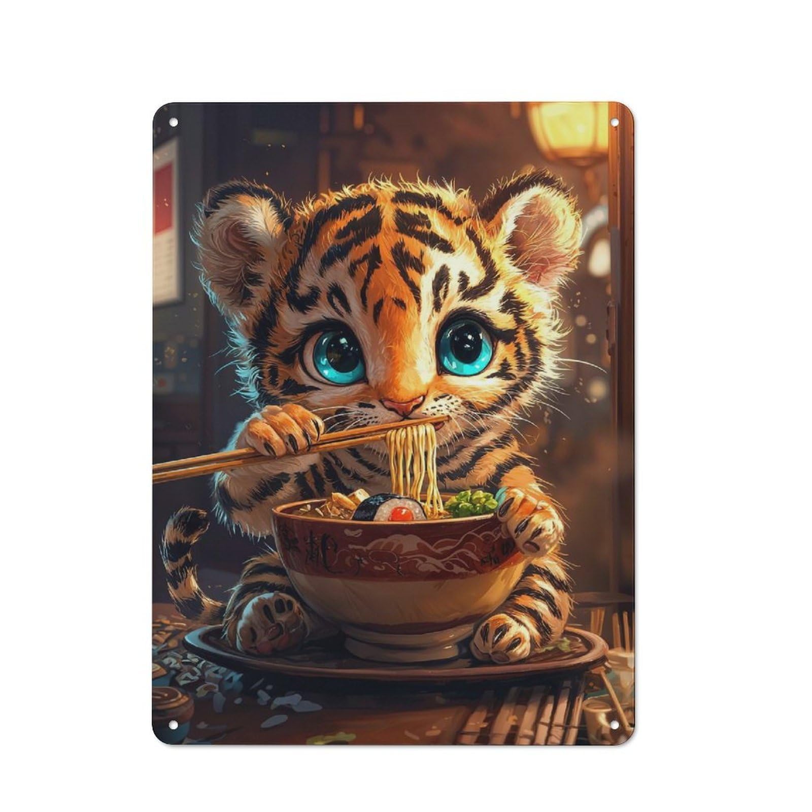 Junmoney Style-20 Cute Tiger Eating Ramen Tin Sign 40X30cm For Living Room Wall, Rustic Wall Decor, For Living Room Decor Lovers
