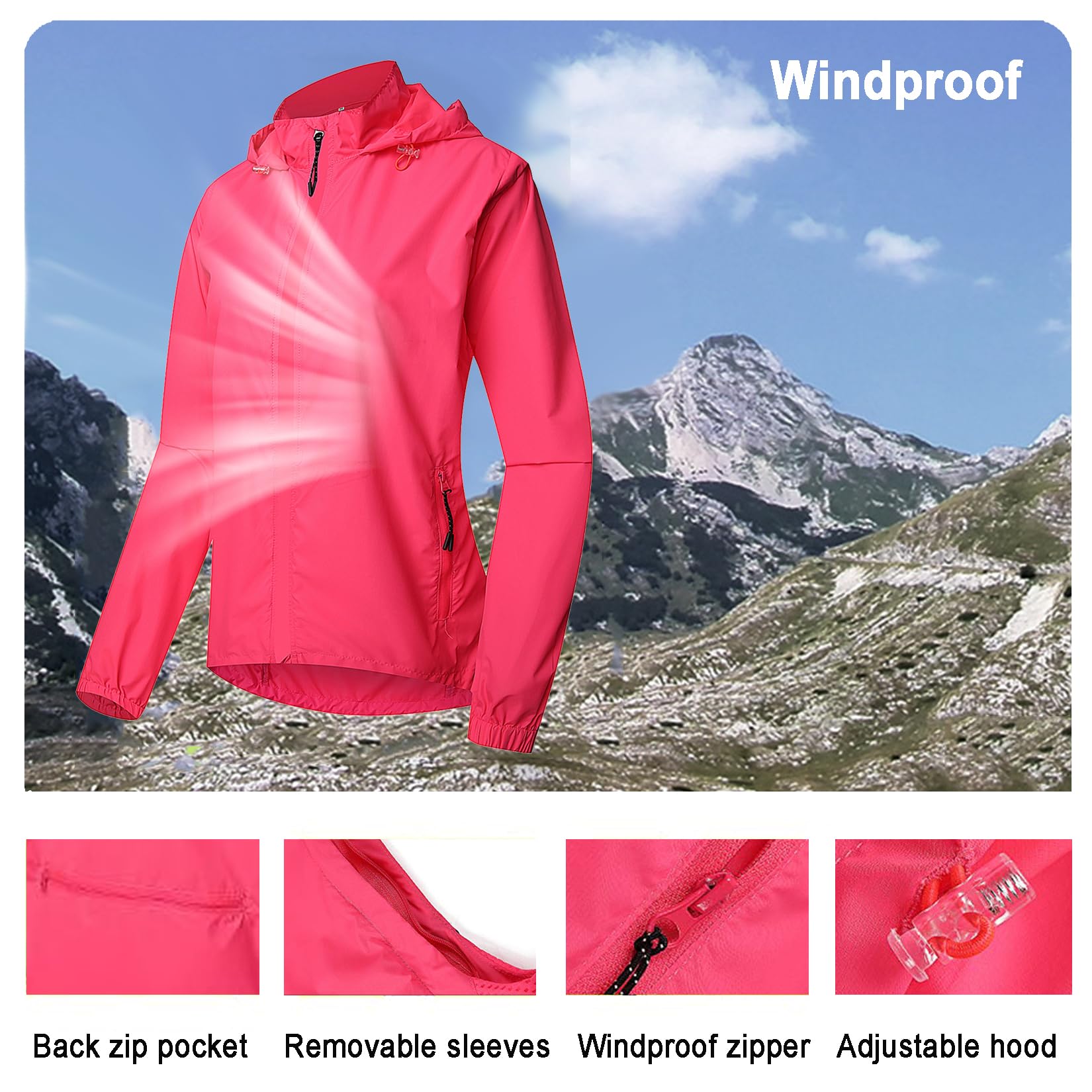 Fahrradjacke Damen Wasserdicht Atmungsaktiv Laufjacke Trekking Regenjacke Schnelltrocknende Wanderjacke Winddichte Windbreaker Fahrradweste Mit Abnehmbaren Ärmeln,Pink-L