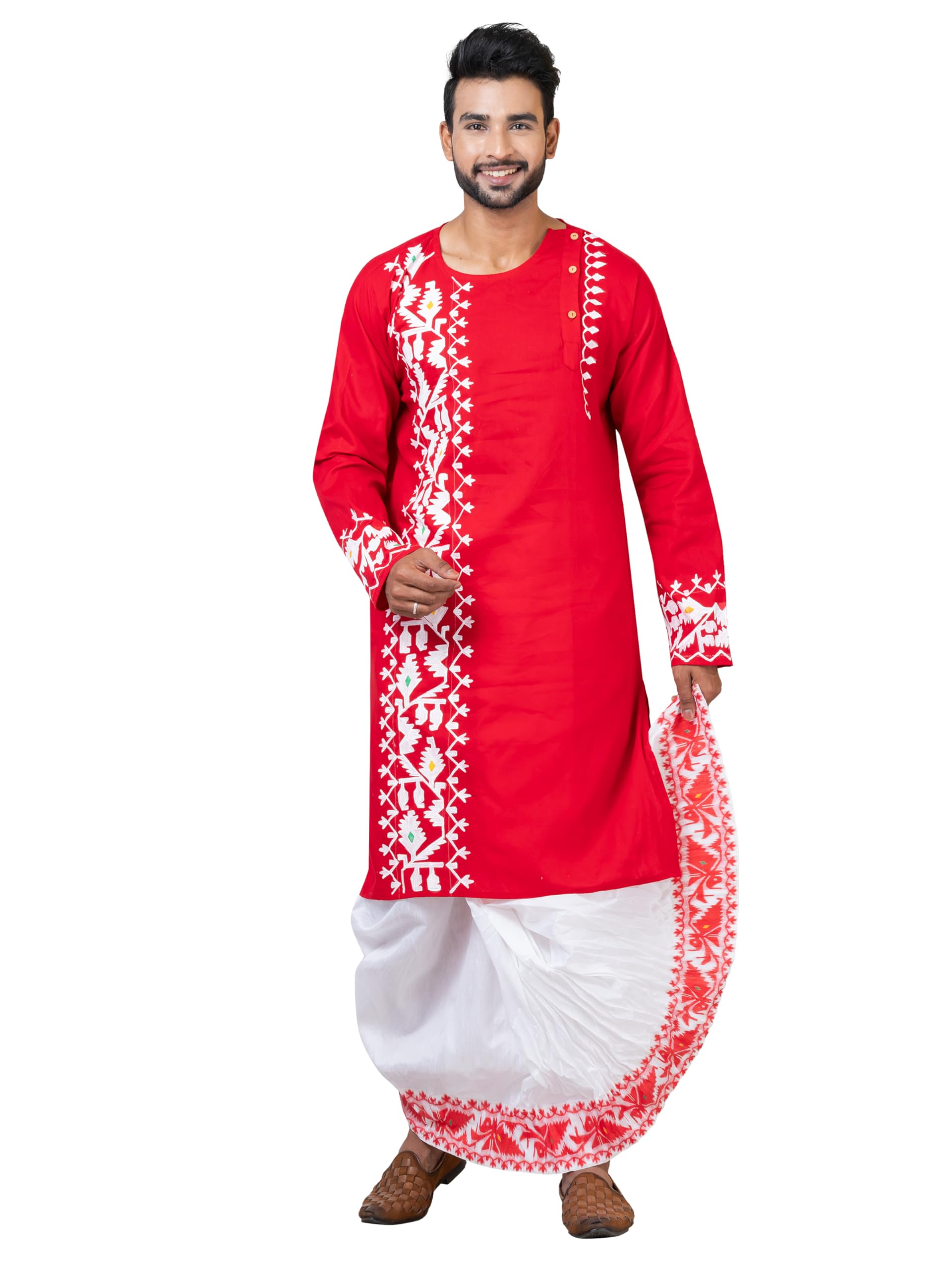 Santiniketan Kanthastitch Men's Red Handcrafted Kantha Embroidered Dhuti Punjabi Set – Traditional Cotton Ethnic Wear-picture-32