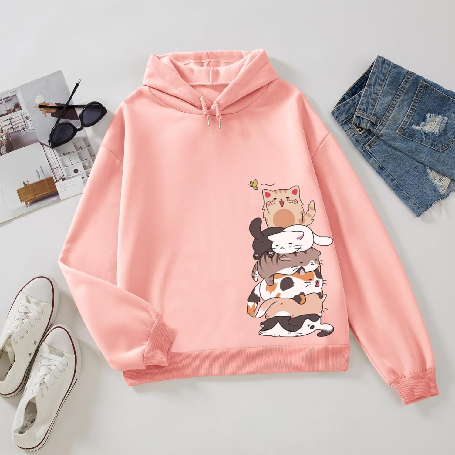 Tuislay Cute Cat Graphic Hoodies for Teen Girls Kawaii Cartoon Printed Hoodie Women Anime Print Hooded Sweatshirt Pullover - Image 3
