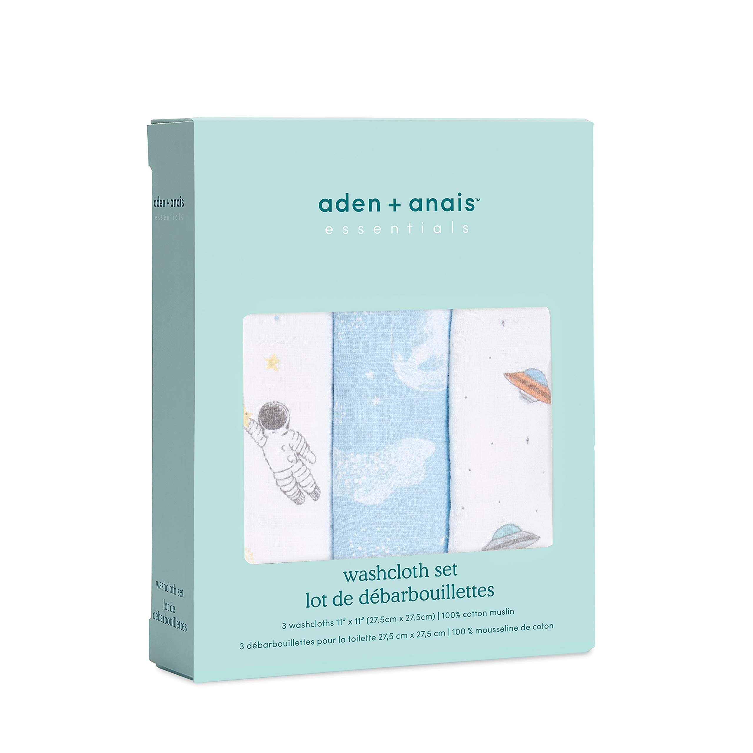 aden + anais Juego de 3 manoplas Space Explorers | muselina 100% algodón, baño y franela para bebés | set de regalo unisex para un bebé | lavar para recién nacidos