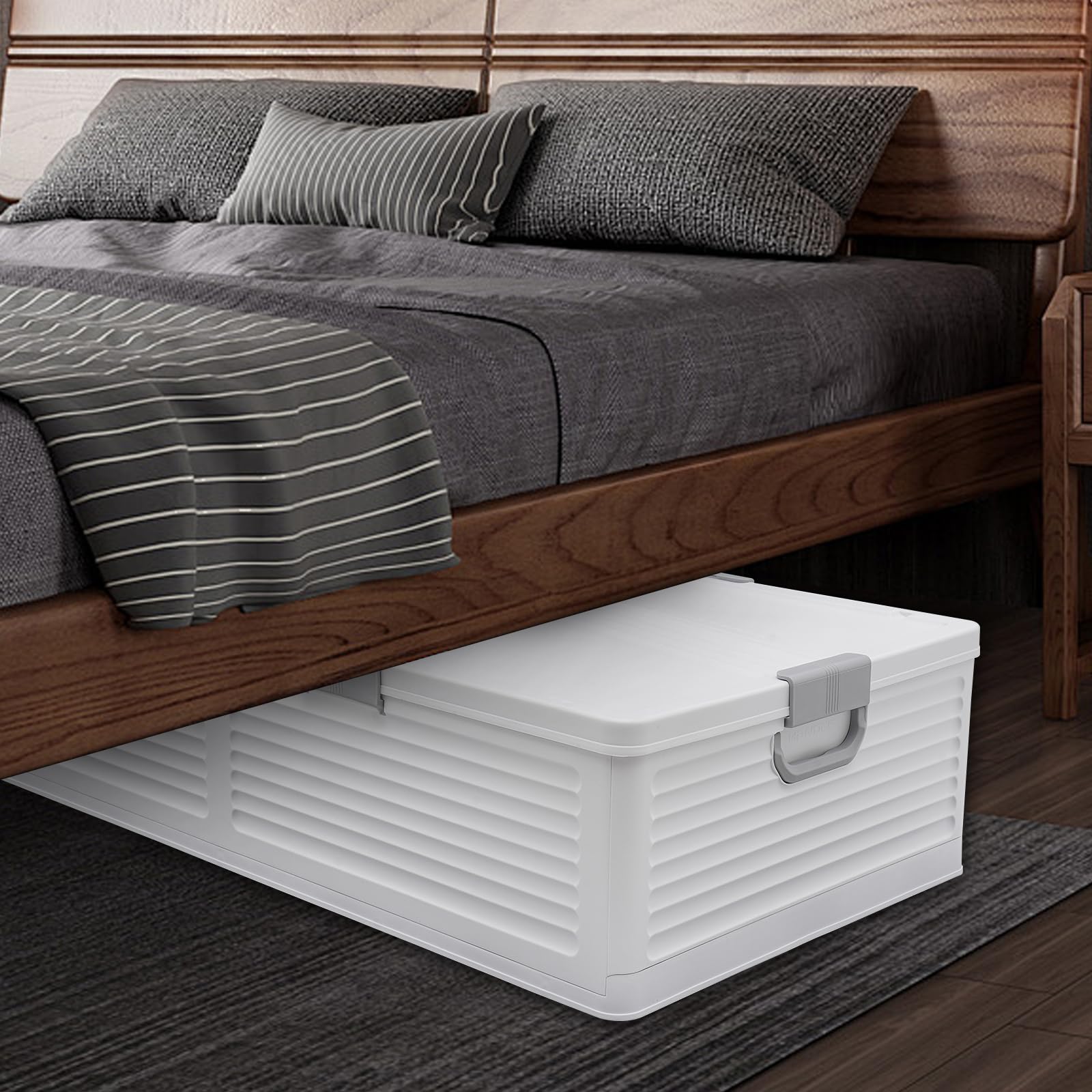 Aufbewahrungsbox mit Deckel 101x51.5x24cm Unterbett-Aufbewahrungsboxen Plastik Boxen Klickverschluss Stapelboxen Aufbewahrungsorganizer für Bettdecken Kleidung (Festes Weiß)