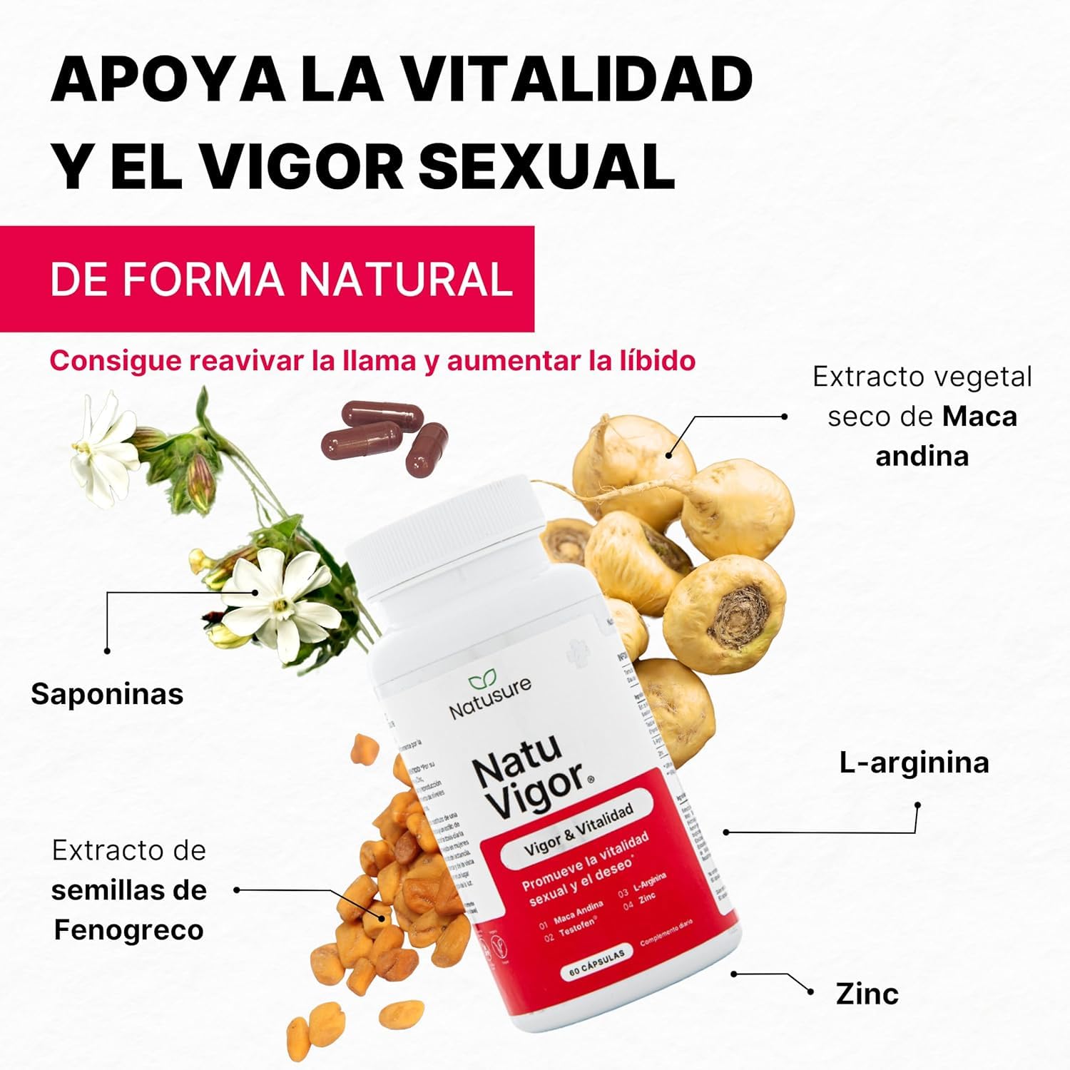 NATUSURE NatuVigor Pack de 3 (180 Cápsulas) – Maca Andina + Fenogreco Testofen® + L-Arginina + Zinc – Soporte para la Vitalidad y el Deseo Sexual en Hombres y Mujeres