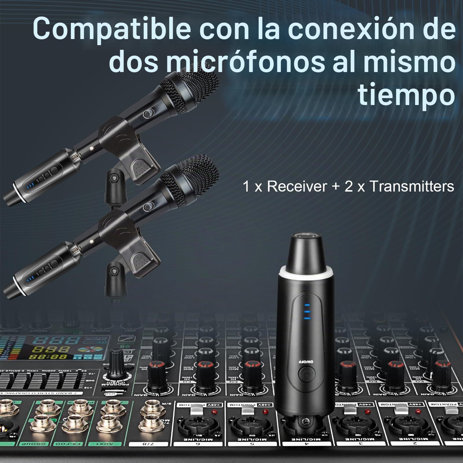 Depusheng S5 Transmisor y receptor de guitarra inalámbrico con 2 transmisores XLR inalámbricos y 1 receptor, alimentación fantasma de 48V e interruptor de reverberación, mezclador de audio