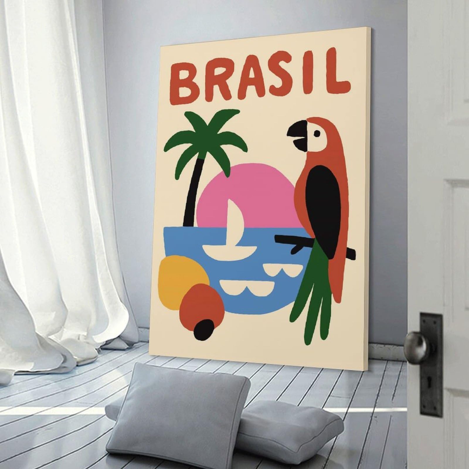 Junmoney Frame-Style-15 Room Decor Wall Art Brasil Illustration With Parrot And Beach, 24X36inch(60X90cm), For Office Decor, Home Working Or Creative Rooms, An Interior Accent For Desk Areas