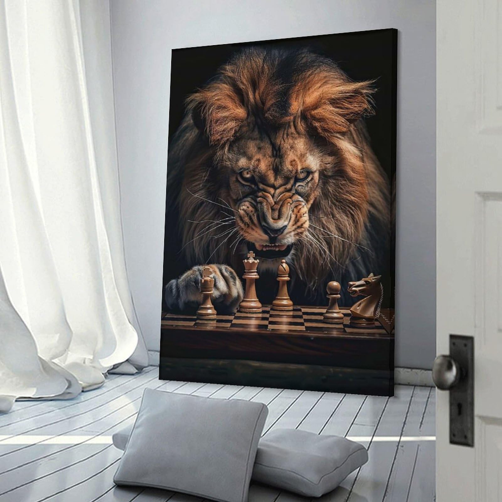 Junmoney Lion Chess Wall Art Print 24x36inch(60x90cm), for Living Spaces, Bedrooms Or Relaxed Rooms, A Home Accent with Warm Character