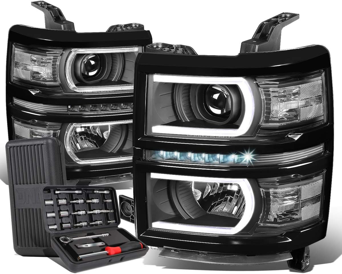 Auto Dynasty LED DRL U-Strip Black Housing Clear Corner Projector Headlight Lamps + Tool Kit Compatible with Chevy Silverado 1500 14-15