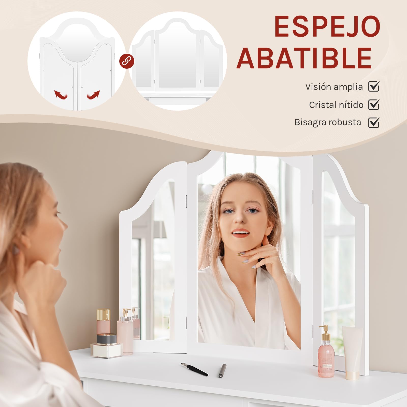 WOLTU Mesa Tocador Infantil con Taburete y Espejo Plegable, Conjunto de Tocador Maquillaje de 3 Piezas, con 4 Compartimentos, Estante Ajustable, Blanco, MDF, MB6120ws