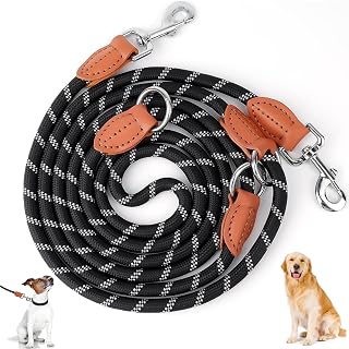 Hundeleine Verstellbar, Führleine Hund Rund mit 2 Karabinerhaken und 3 Ringen, Umhängeleine & Doppelleine, Hundeleine für Ggroße und Mittelgroße Hunde mit Reflektierenden Streifen (13 mm × 3 m)
