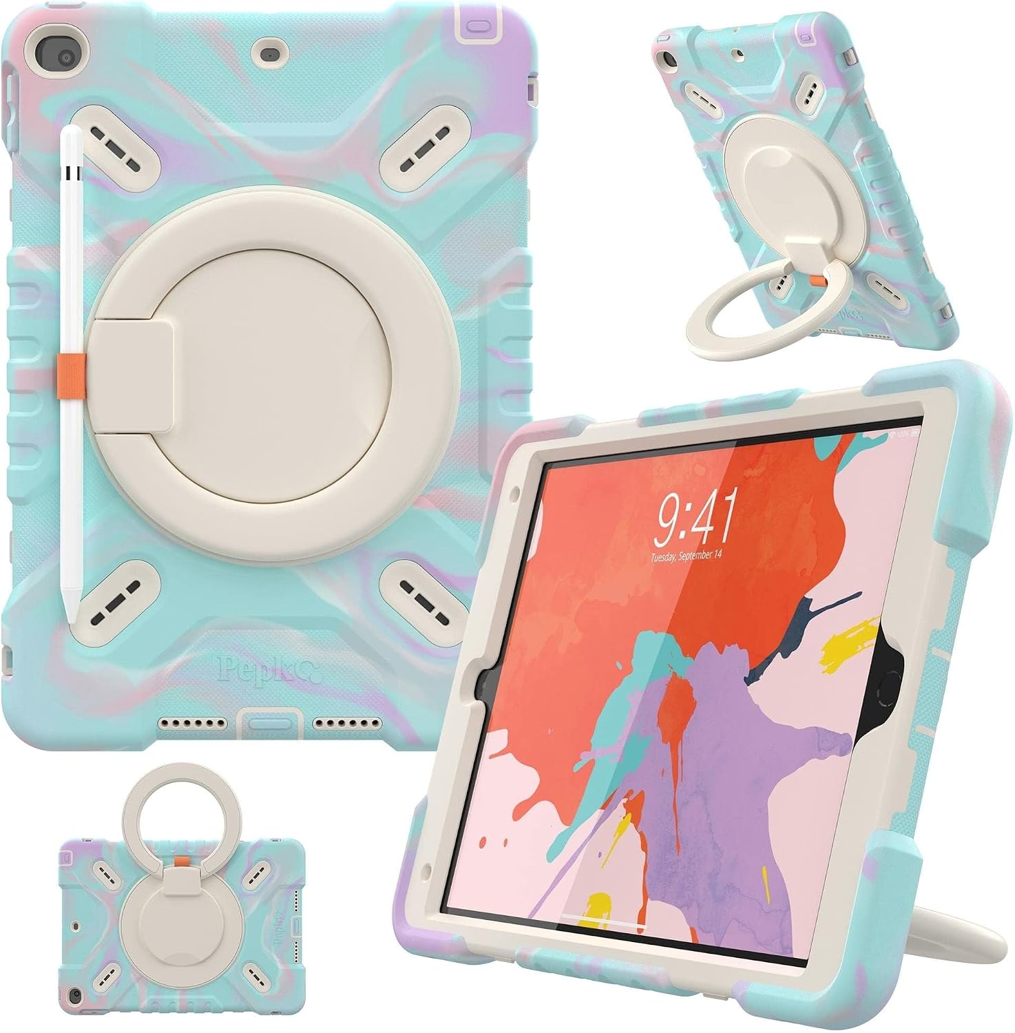 Pepkoo Case for iPad 10.2 Inch 9th/8th/7th Gen & Air 3 10.5 Shockproof | Rugged Cover for Kids, School and Travel. Features Triple Shock Protection, Kickstand and Shoulder Strap, Colorful Blue