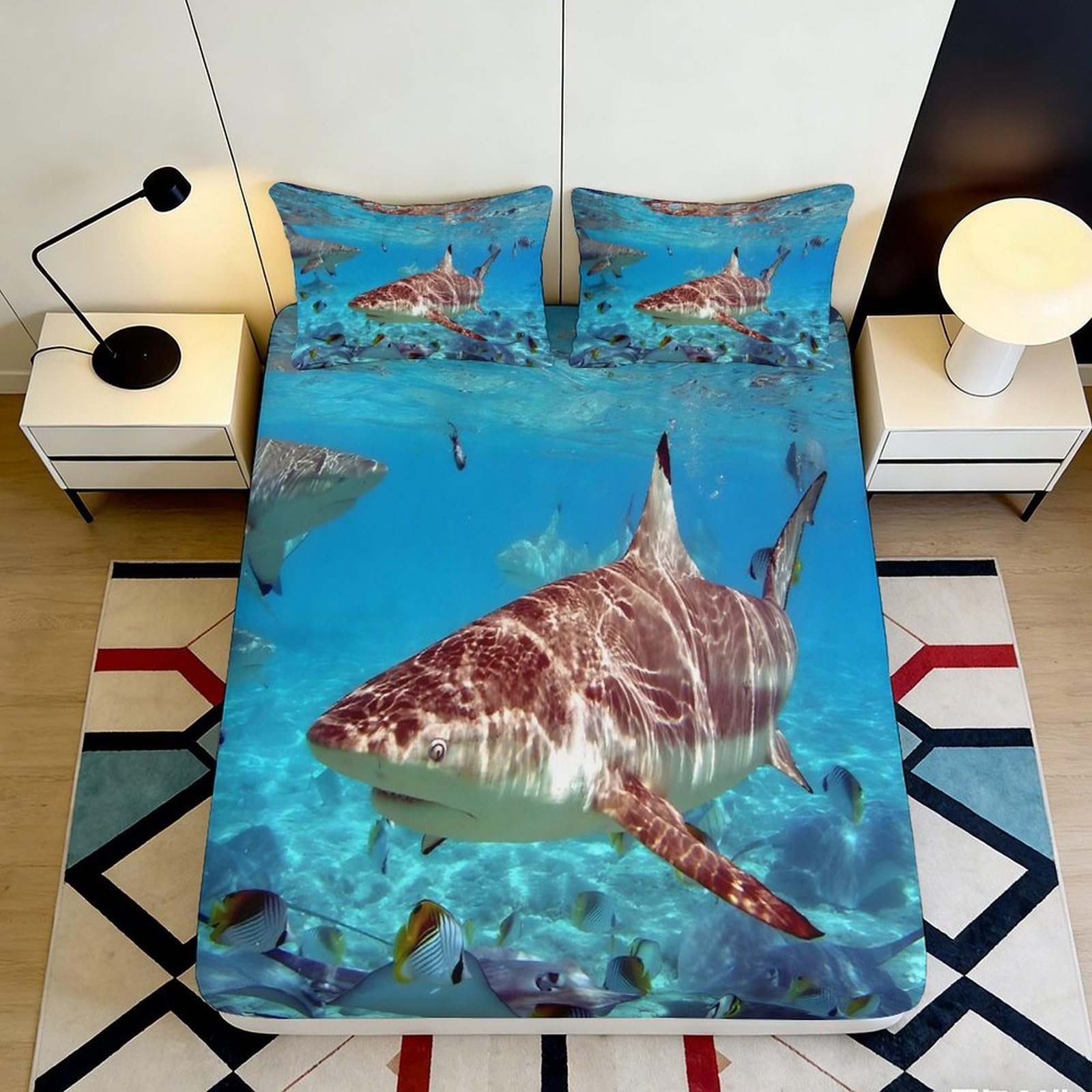 3D Printed Ocean Shark Fitted Sheet Microfiber Soft Waterproof Underwater Fish Bed Cover for Bedroom Dorm Decor 90x200x25cm