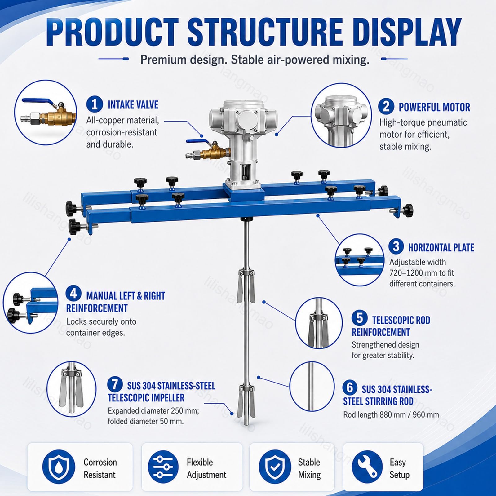 Agitador Neumático,Agitador de Aire con Soporte para Depósito IBC 1000L,Mezclador de Aire con Hélice Plegable y Eje de Acero Inoxidable,para Pinturas,Tintas,Resinas,Adhesivos 3-Cylinder