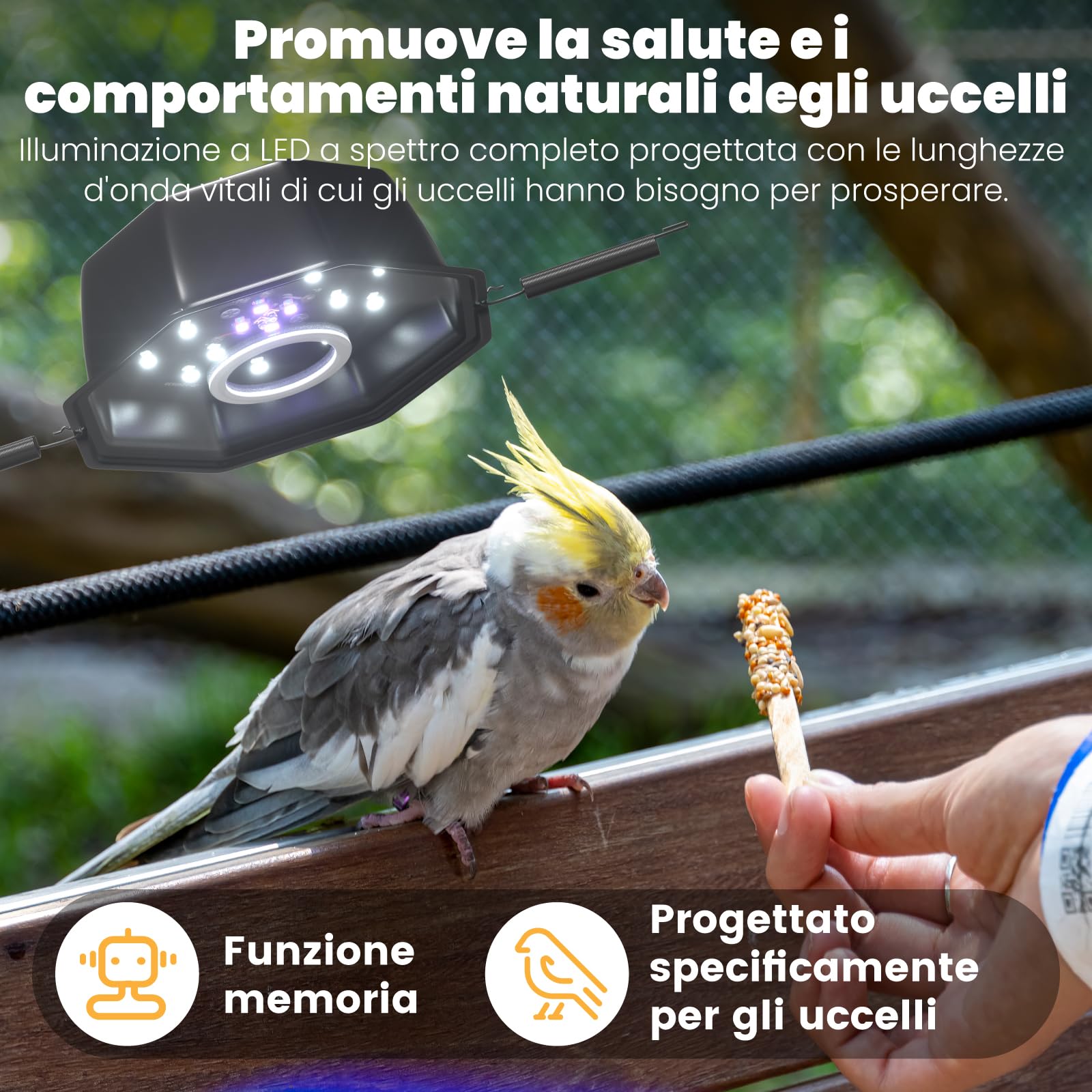 GlowUp Lampada per Uccelli UVB 2.4 10W, Luce LED a Spettro Completo per Uccelli con Cavo Resistente alla Masticazione, Dispositivo Ottagonale Dimmabile per Gabbia con Spina EU per Pappagalli