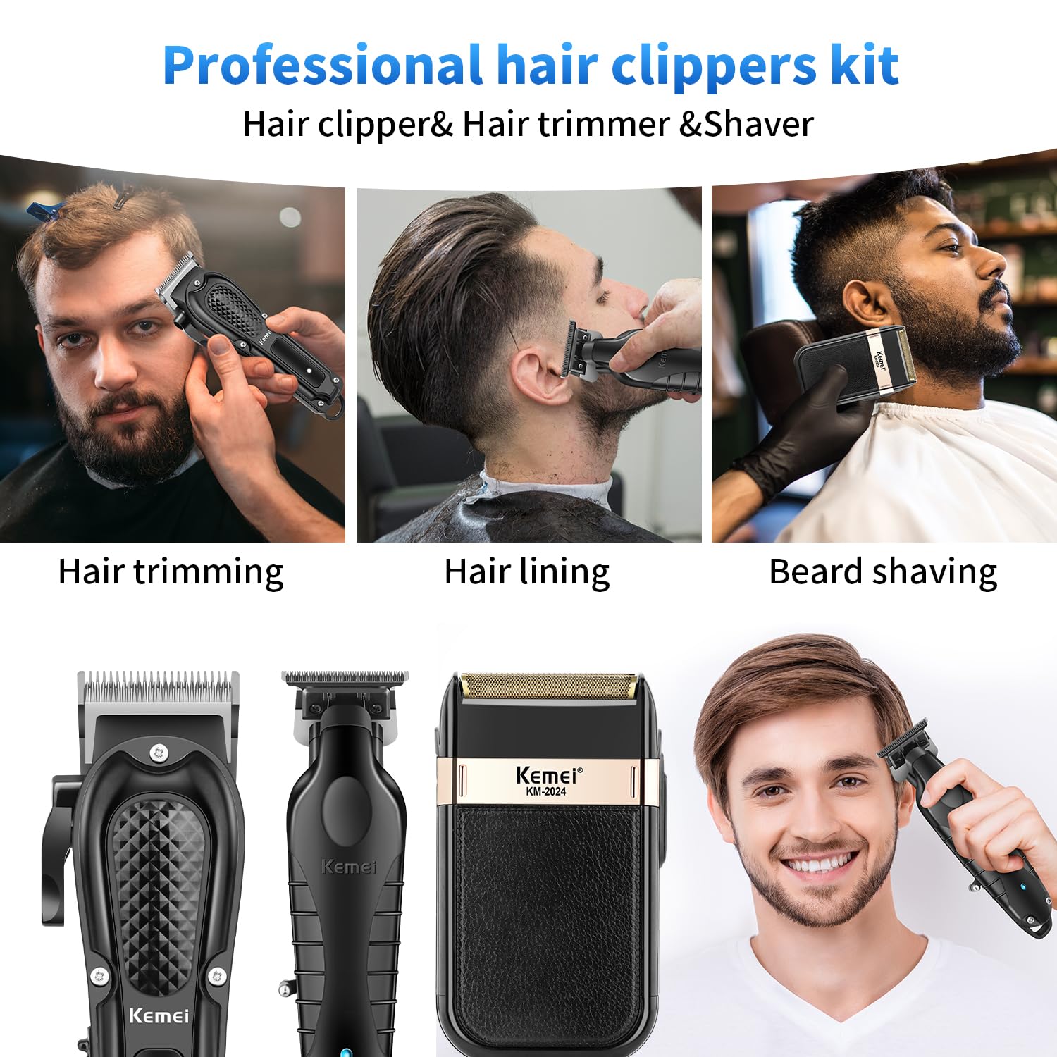 KEMEI Cortapelos profesional para hombres, inalámbrico completo de peluquería con cuchilla en T, recortadora de pelo y barba, kit completo de corte de pelo eléctrico con 9 guías, recargable por USB