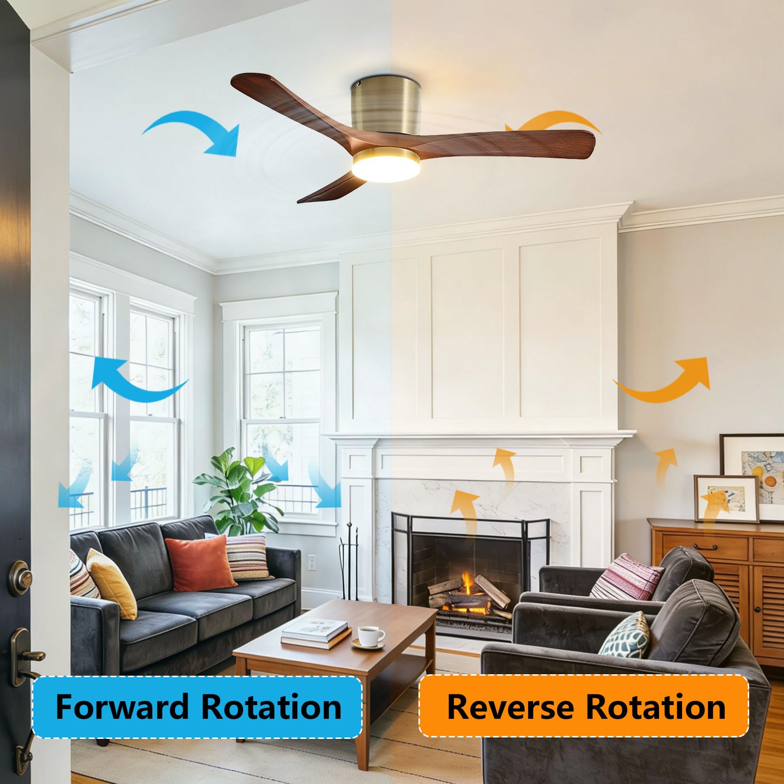 Ventilador de Techo de Madera de Nogal con luz, Moderno, silencioso, LED Regulable para Dormitorio, Comedor y Sala de Estar. Control Remoto Inteligente/aplicación/Voz.