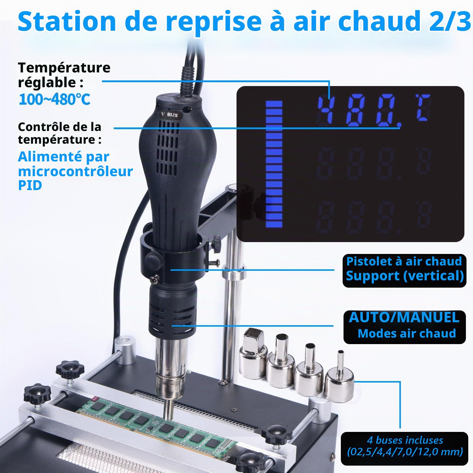 YIHUA 853AAA Station de soudage à air chaud SMD Ensemble de station de fer à souder Station de dessoudage Station de reprise Plaque de préchauffage 3-EN-1 avec accessoires (prise EU)