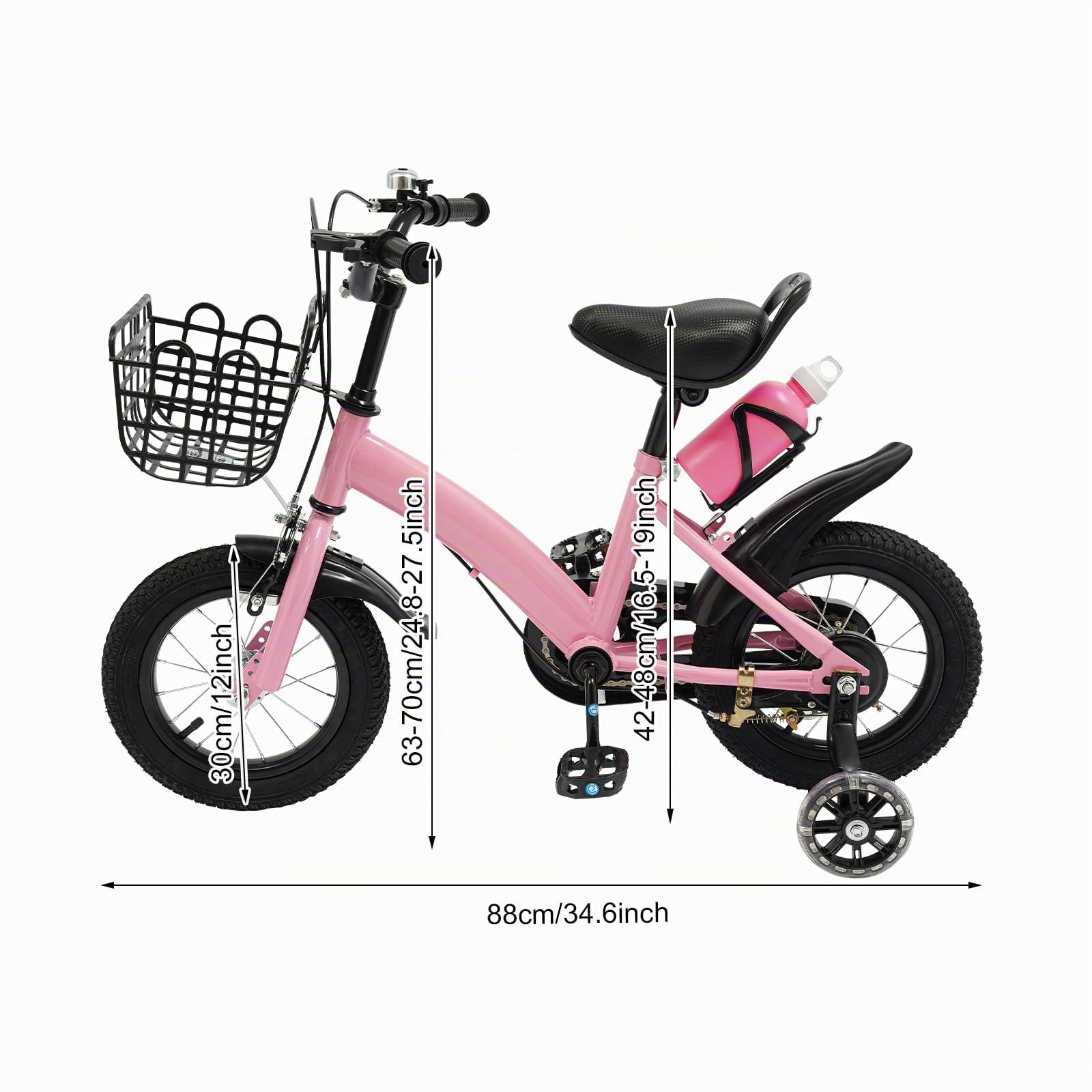 Bicicleta infantil de 12 pulgadas, bicicleta para niños con ruedas de entrenamiento, cesta y botella de agua en rosa, bicicleta infantil robusta con asiento ajustable en altura y manillar