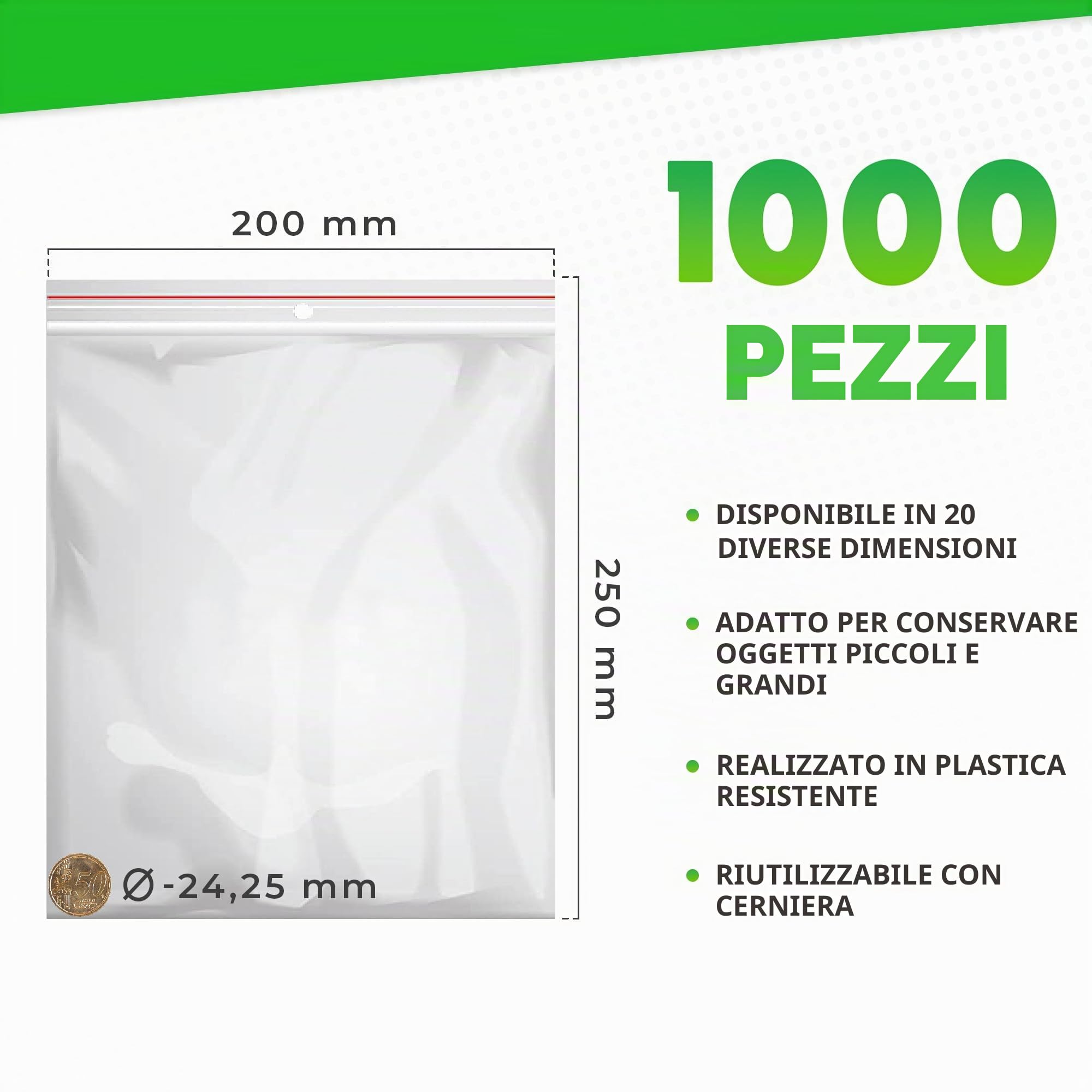 V1 TRADE Buste richiudibili in plastica trasparente, con chiusura lampo, 200 x 250 mm, impermeabili, riutilizzabili, resistenti