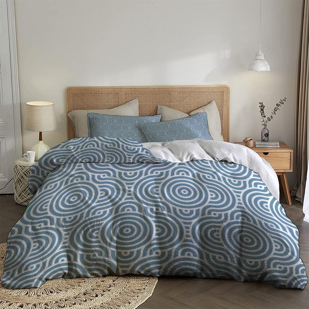 NIBAINLO 布団カバー青い背景に抽象的な白い幾何学模様 肌に優しい ピーチスキン加工 掛け布団カバー 和式 洋式 あったか 布団カバーセット リバーシブル ホームステイ ホテル 家庭兼用