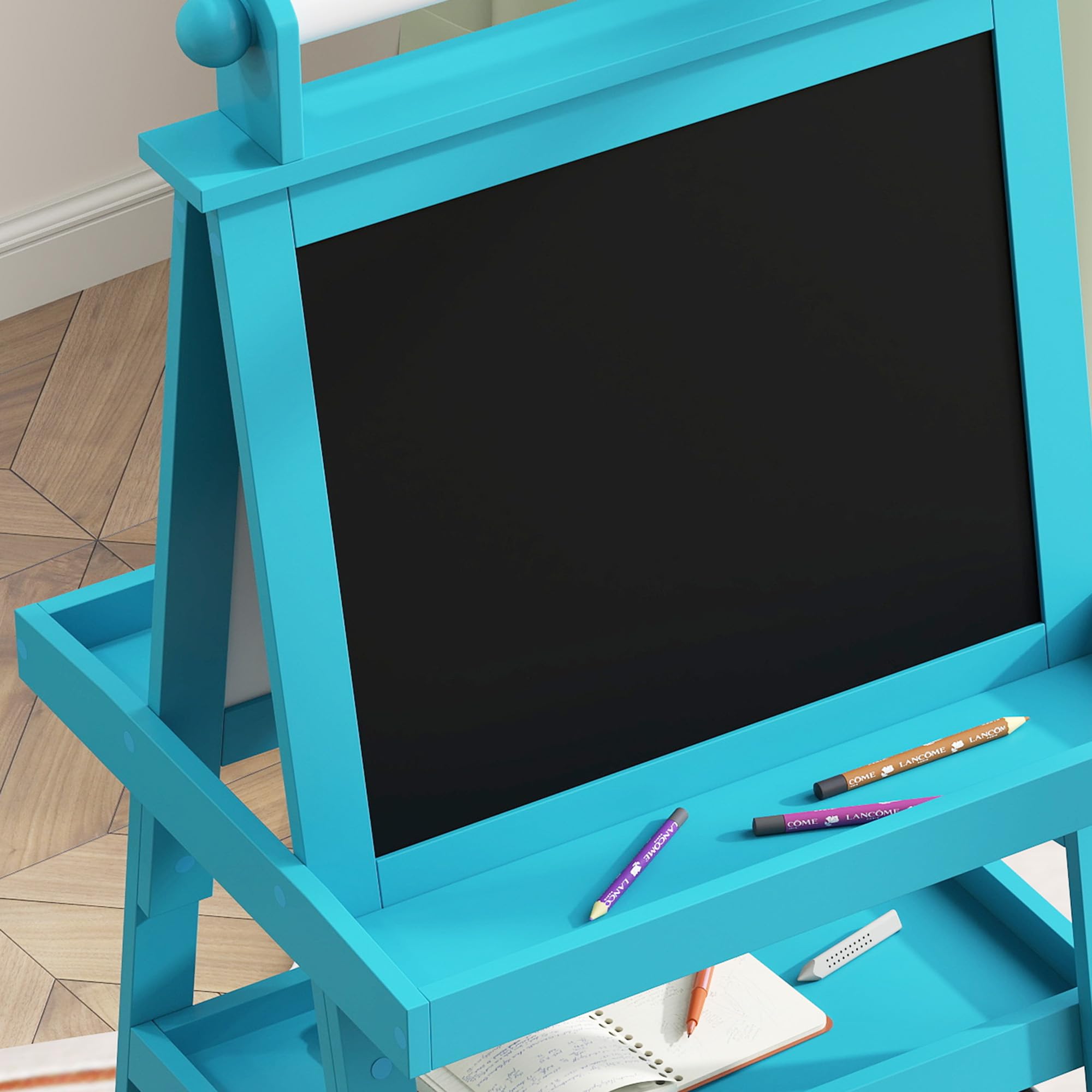 AIYAPLAY Lavagna per Bambini Cancellabile a Doppia Facciate con Rotolo di Carta e 2 Contenitori, Lavagna Magnetica Bianco, Nero con Cavalletto Artistico in Legno per Pittura e Regalo, 3-6 Anni, Blu