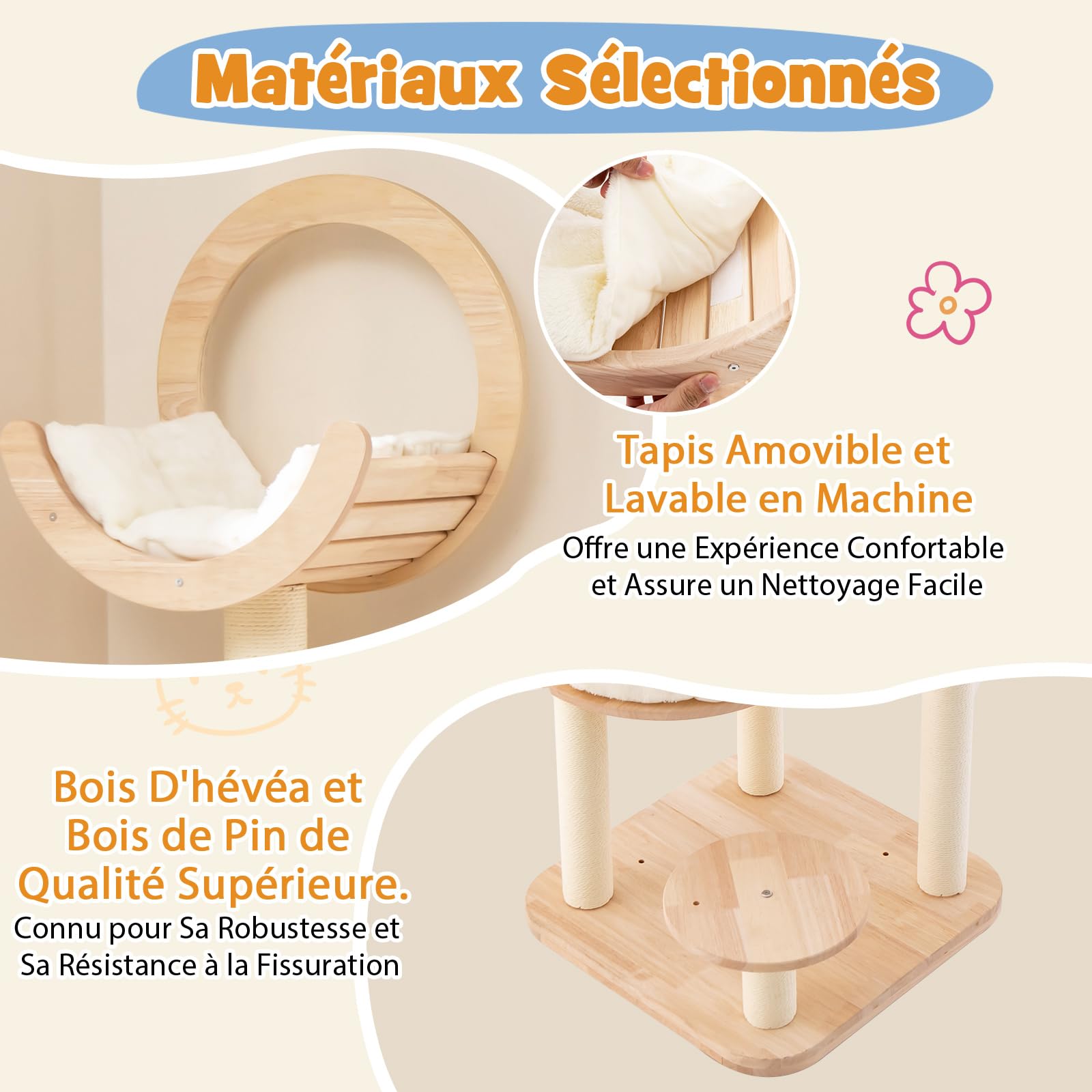 COSTWAY Arbre à Chat en Bois Convertible 4 en 1, Grande Tour à Chat 146 CM en Blocs de Construction avec Condo, Hublot et Griffoir, Centre d’Activités pour Chaton avec Jouet Suspend, Bois de Chêne